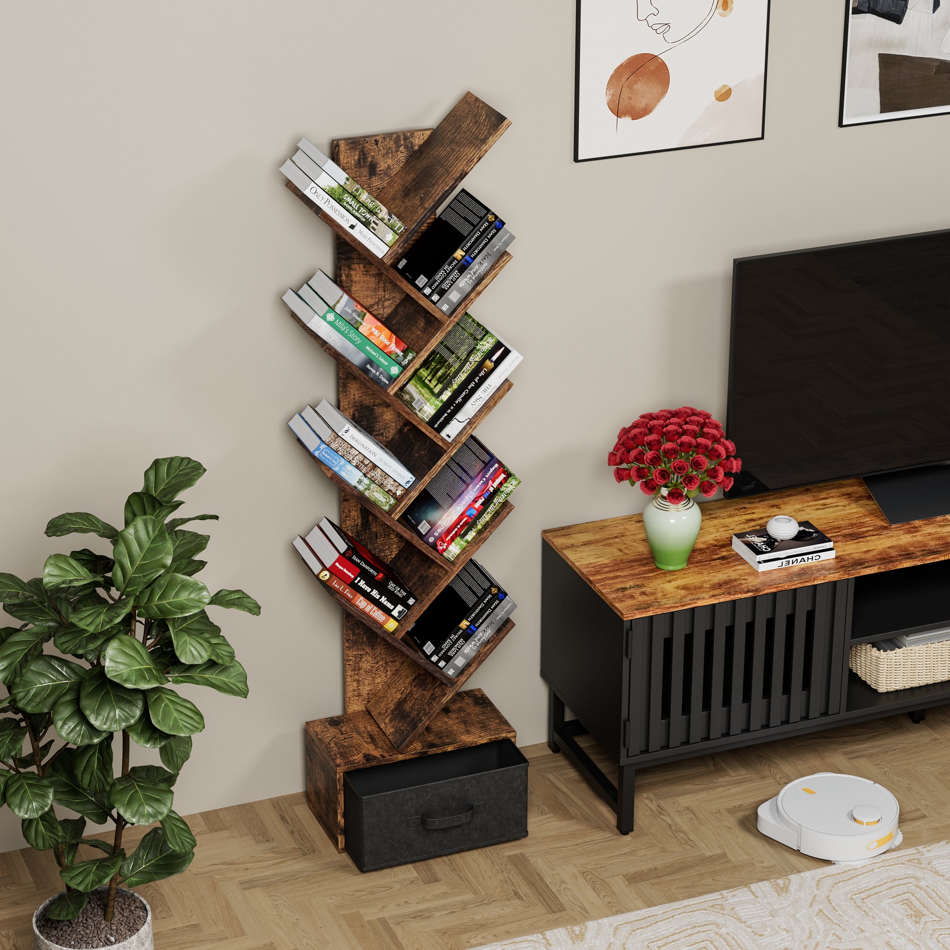 9 Tier Tree Bookshelf With Drawer Bookcase, Modern Book Storage, Free Standing Tree Bookcase, Utility Organizer Shelves For Home Office, Living Room, Bedroom, Rustic Brown Deep Rustic Brown Metal