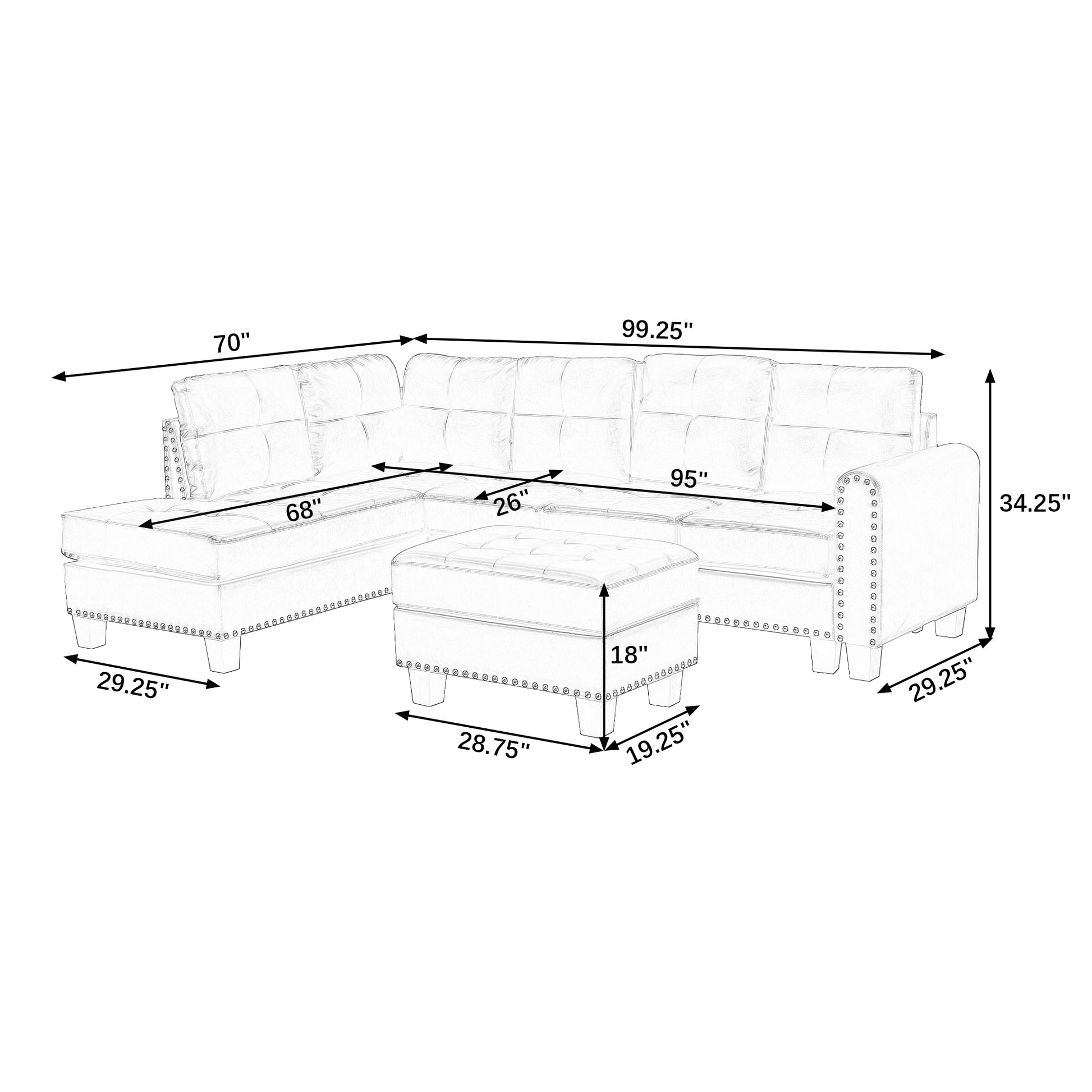 Sectional 3 Seaters Sofareversible Recliner, Storage Pad And Wood Grain Cup Holder, Non Slip Leg, Pu, Grey Gray Pu 3 Seat