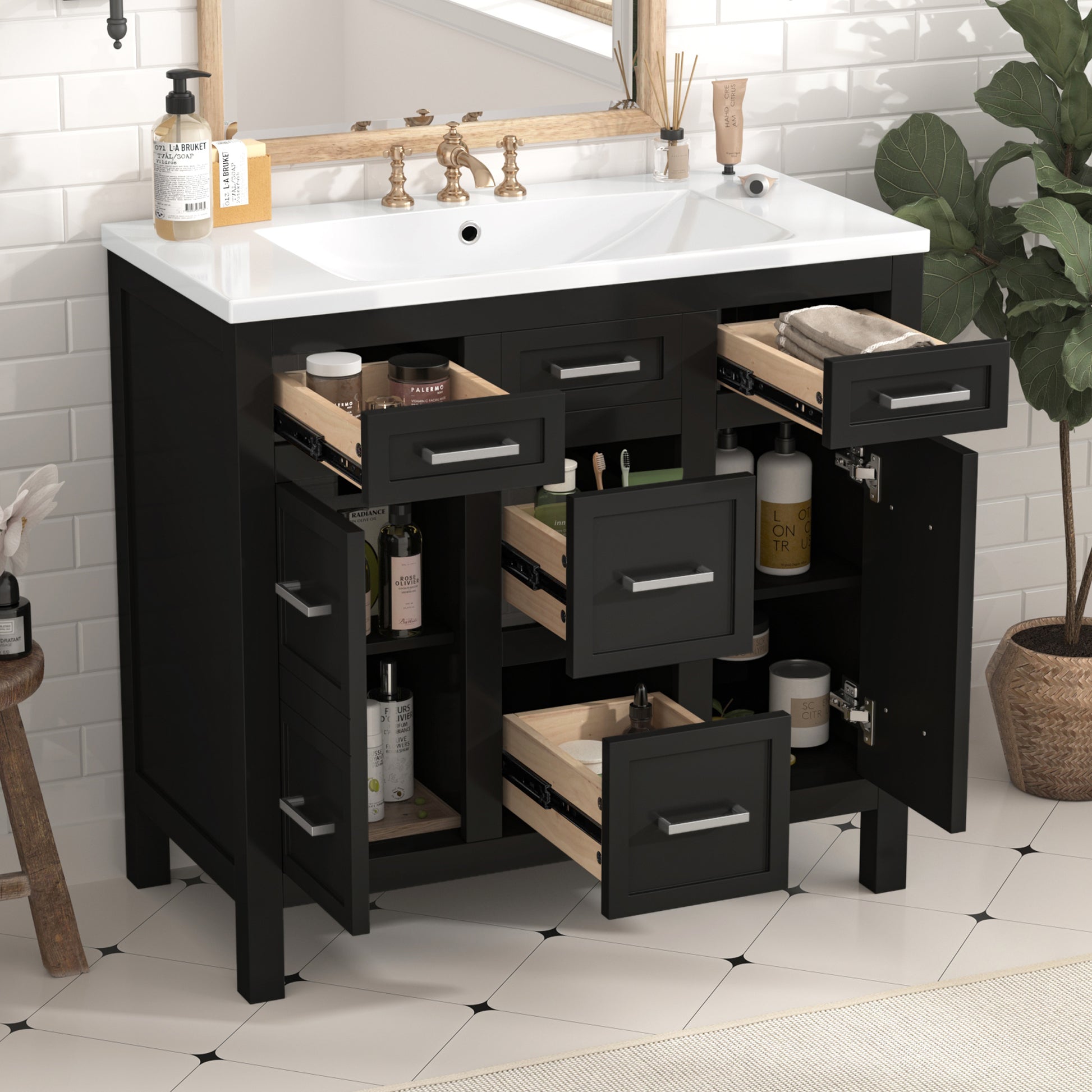 36" Bathroom Vanity Cabinet With Resin Integrated Sink 4 Drawers, 2 Doors Black Bathroom Solid Wood Mdf Resin