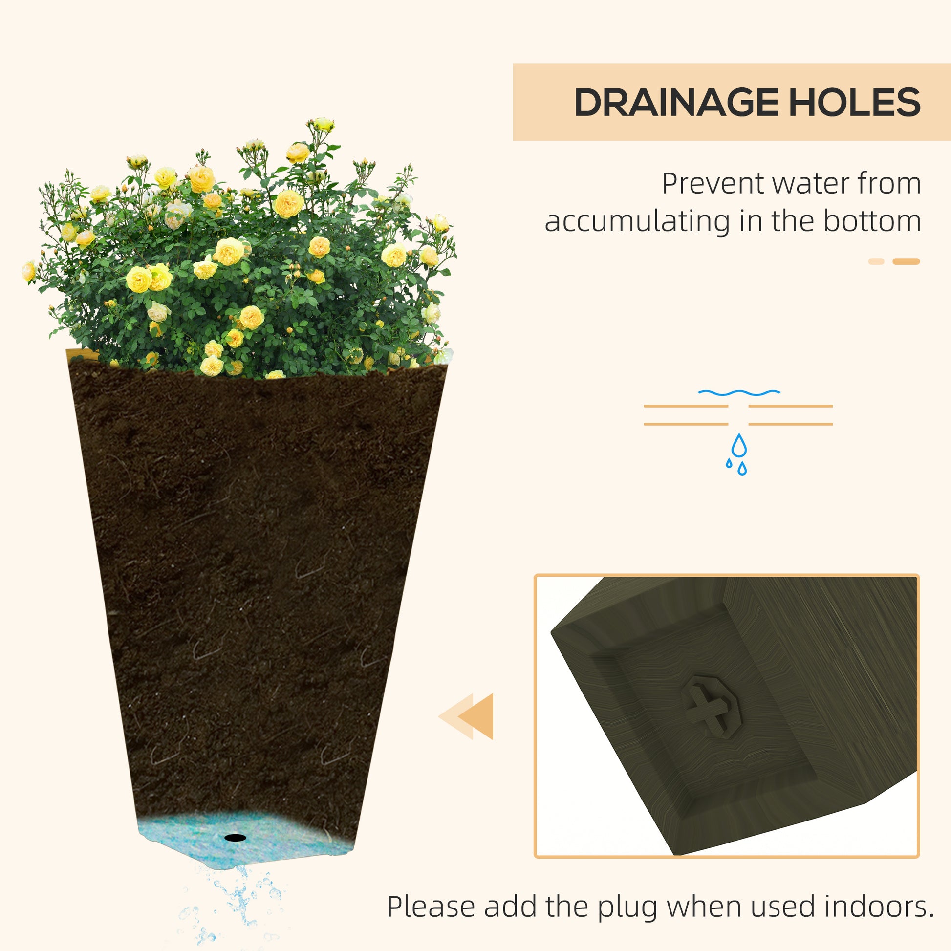 Outsunny 28" Tall Outdoor Planters, Set Of 3 Large Taper Planters With Drainage Holes And Plug, Faux Wood Plastic Flower Pots For Outdoor, Indoor, Garden, Patio, Dark Brown Brown Polypropylene