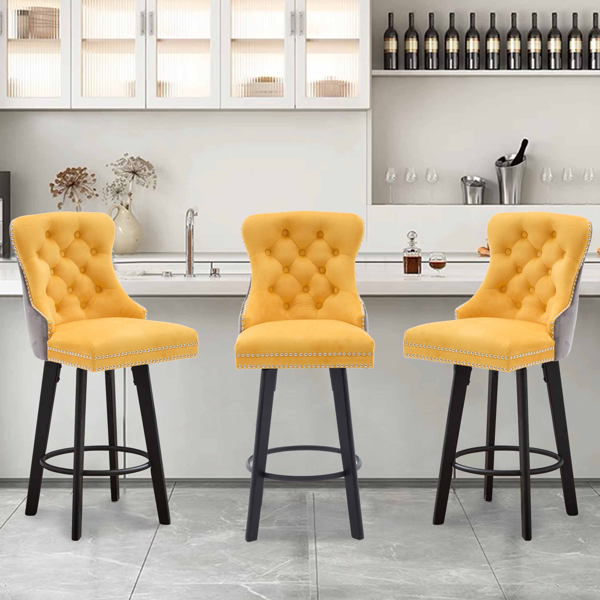 Modern Swivel Bar Stools Velvet Barstools Button Tufted Bar Stools Rivet Trim Bar Stools For Kitchen Island,Bistro, With Metal Pull Ring Sturdy Footrest Large Backrest For Home Bar 3 Dark