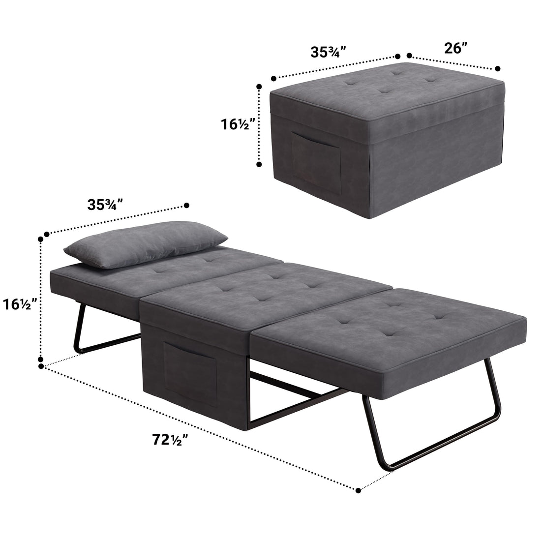 Sofa Bed,Chair Bed,Sleeper Couch,4 In 1 Multi Function Folding Ottoman Bed With Slide Storagepocket For Living Room,Bedroom,Hallway Dark Gray Espresso Bedroom Mid Century Modern Oak Upholstered Fabric