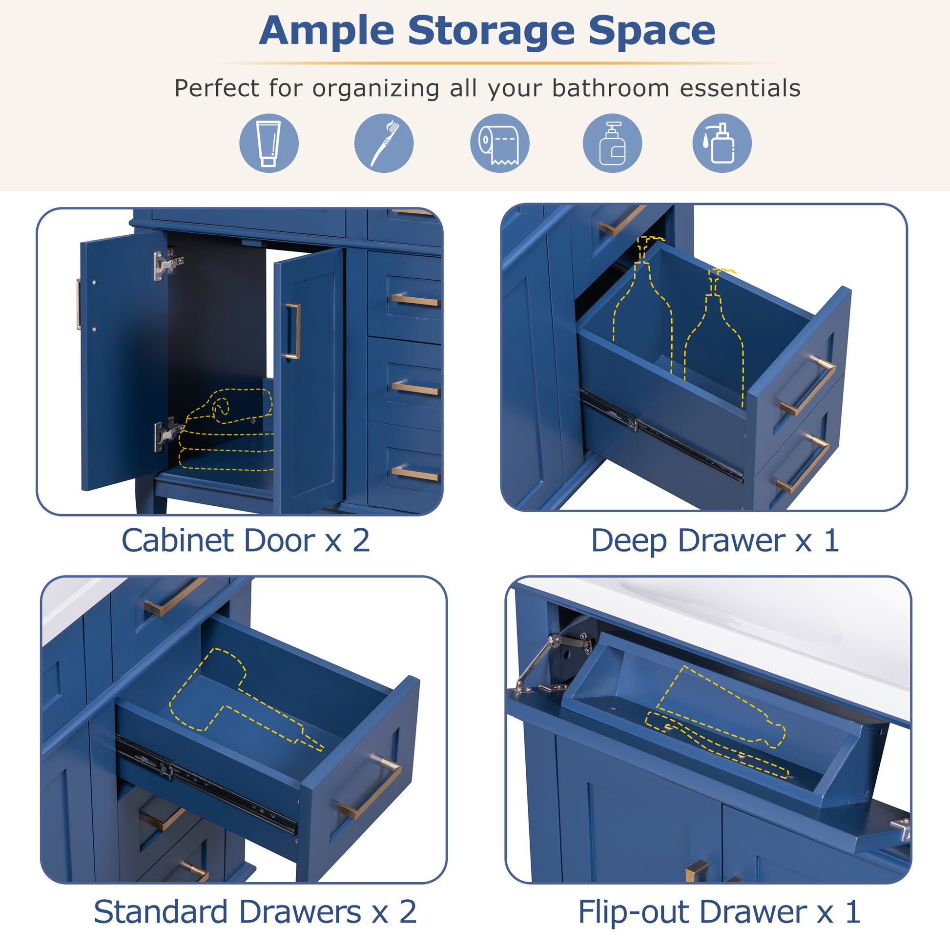 36 Inch Bathroom Vanity With Resin Sink, Modern Bathroom Cabinet In Blue, Featuring Two Soft Close Doors And Four Drawers Blue Bathroom Solid Wood Mdf Resin