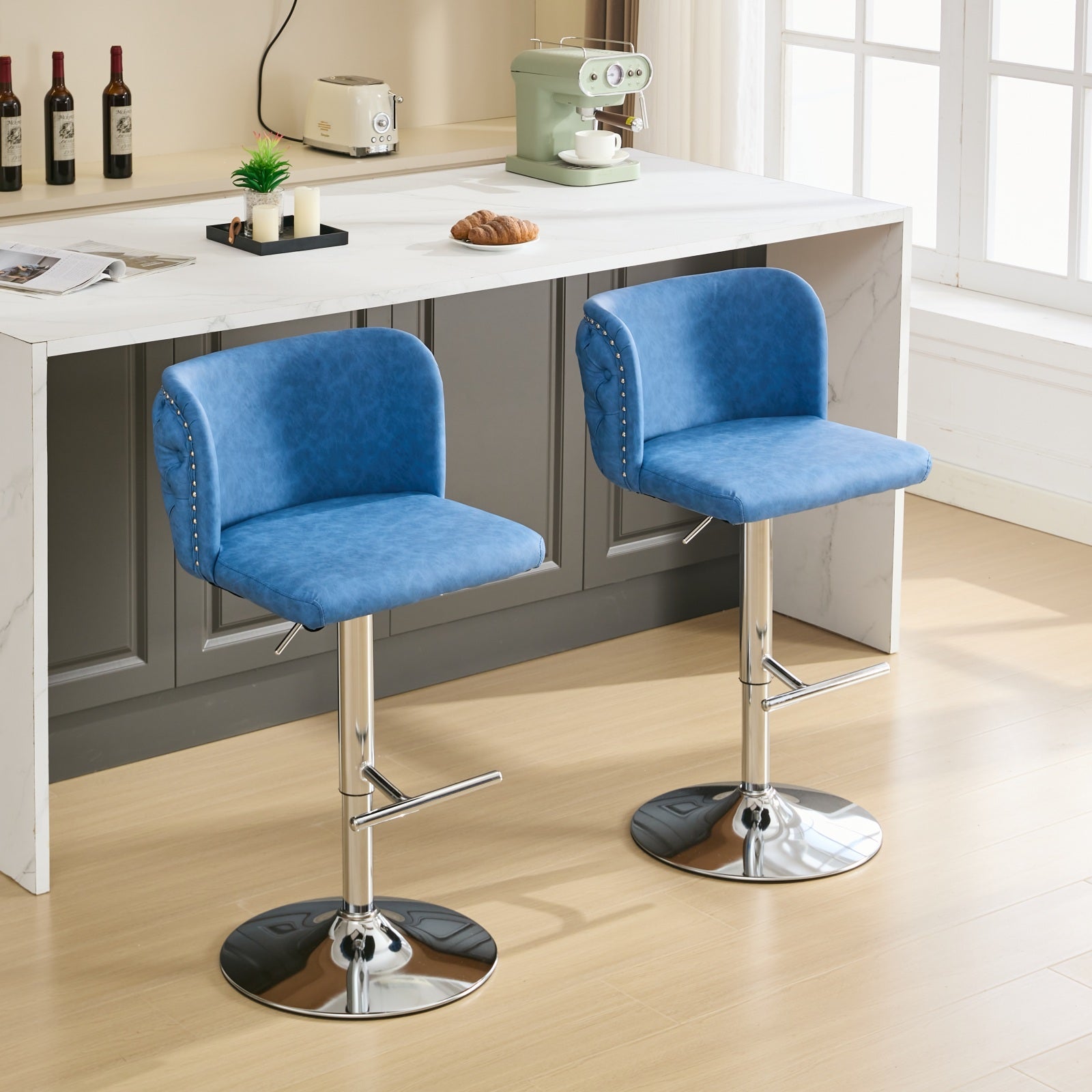 Swivel Barstools Adjusatble Seat Height With Chrome Base, Modern Pu Upholstered Bar Stools With The Whole Back Tufted, For Home Pub And Kitchen Island,Blue, Set Of 2 Blue American Design Bar Stools Set Of 2 Foam Pu Leather