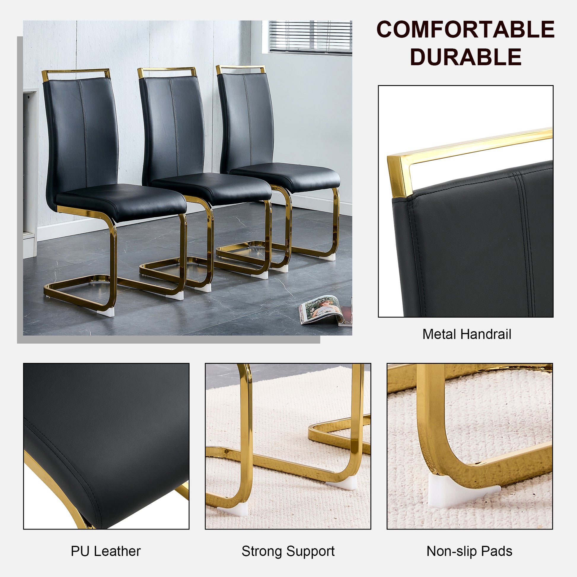 Table And Chair Set. Modern Dining Table With Mdf Top And Beautiful Mdf Legs. Equipped With Comfortable Pu Chairs And Metal Legs. Suitable For A Wide Range Of Decorative Styles. Black Seats 4 Mdf