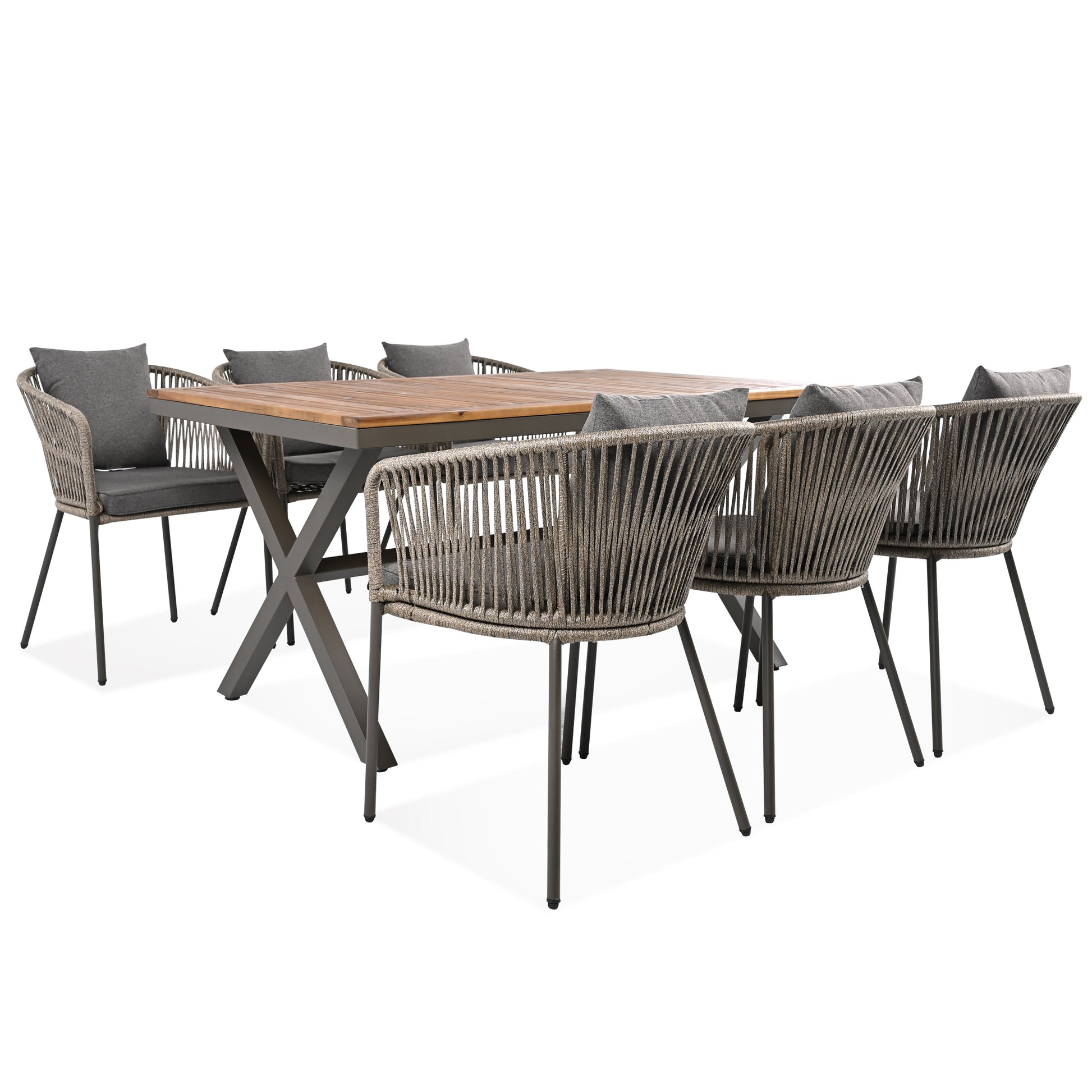 7 Pieces Patio Dining Set, All Weather Outdoor Furniture Set With Dining Table And Chairs, Acacia Wood Tabletop, Metal Frame, For For Garden, Backyard, Balcony, Grey Yes Grey Seats 6 Garden &
