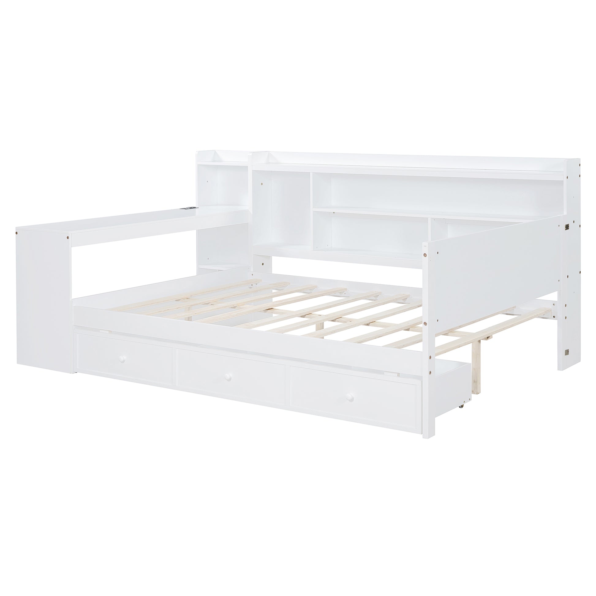 Full Size Wooden Daybed With 3 Drawers, Usb Ports And Desk ,White Full White Wood