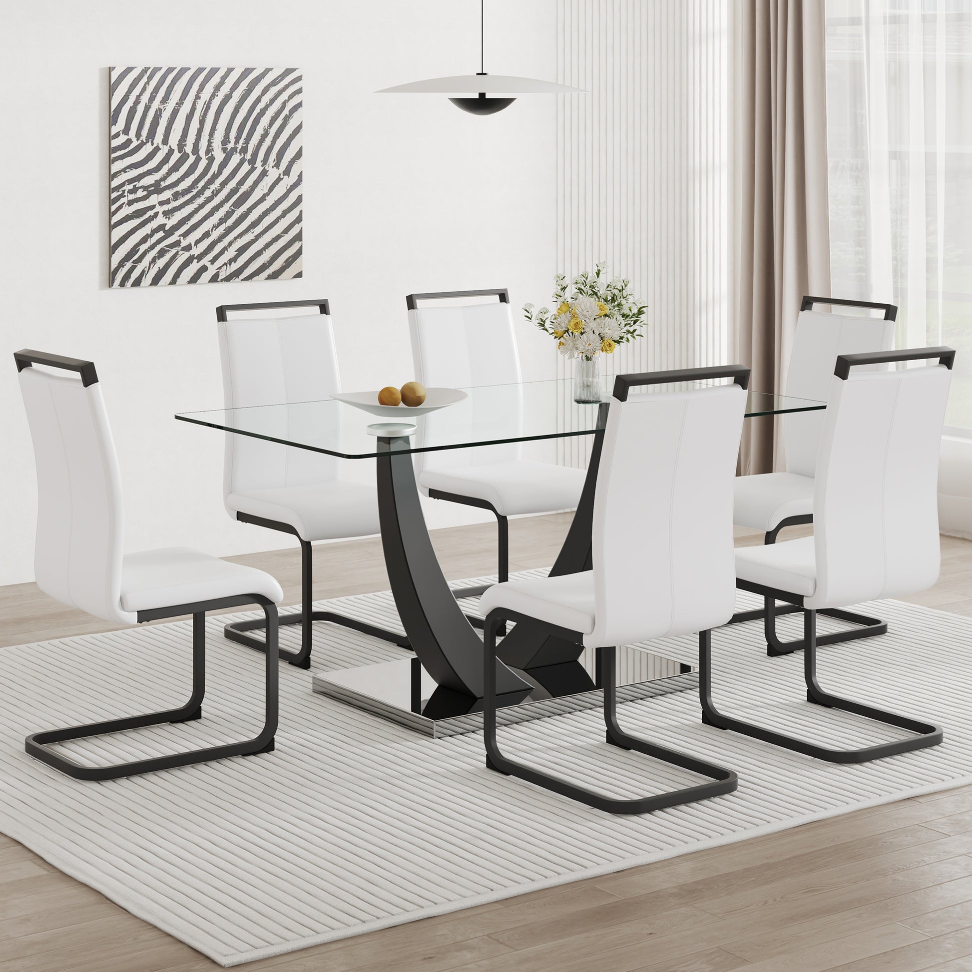 Table And Chair Set.Large Rectangular Glass Dining Table, 0.39 "Tempered Glass Countertop And Black Metal Shaped Bracket.Comes With Chairs With Faux Leather Cushions.Suitable For Kitchen, Dining Room. White Black Seats 6 Glass Metal