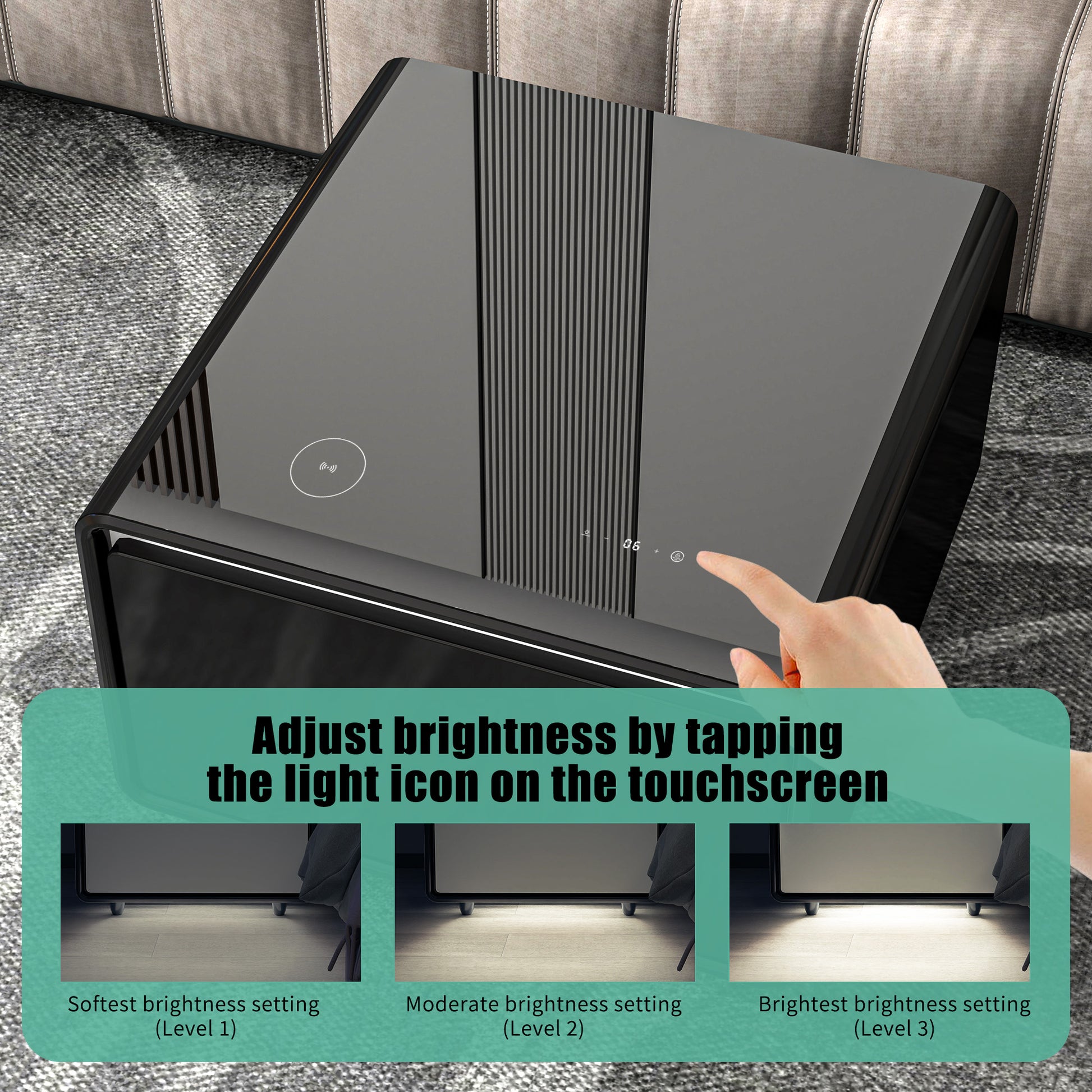 Modern Smart Side Table With Built In Fridge, Wireless Charging, Temperature Control, Power Socket, Usb Ports, Outlet Protection, Induction Light, Black Black Built In Outlets Or Usb Standing Desk Converter Primary Living Space Luxury,Modern Freestanding