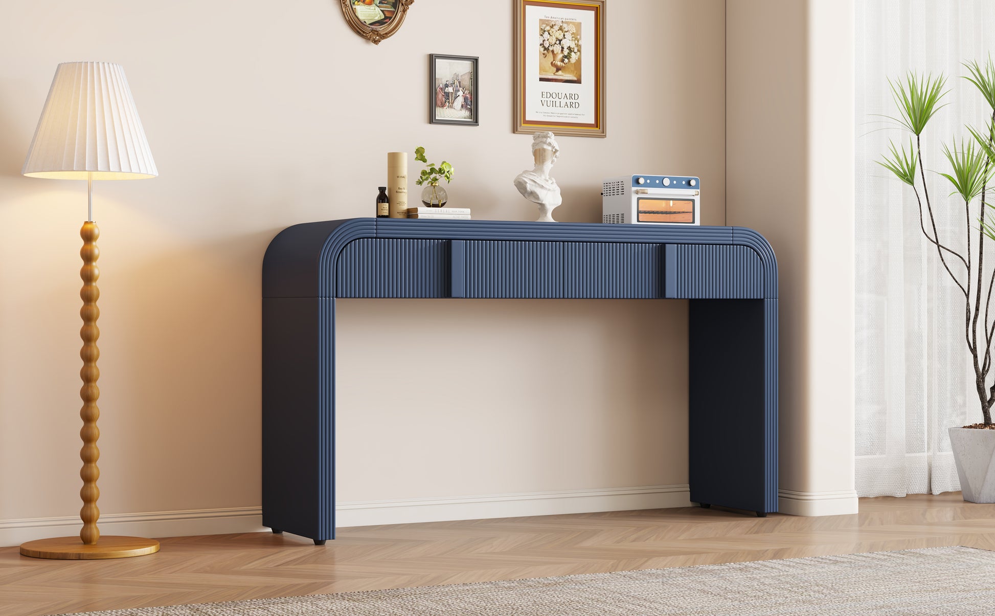 Unique Modern Rounded And Smooth Surface Console Table With 2 Drawers For Living Room And Entryway Navy Blue Navy Blue Primary Living Space Drawers Glossy Mdf