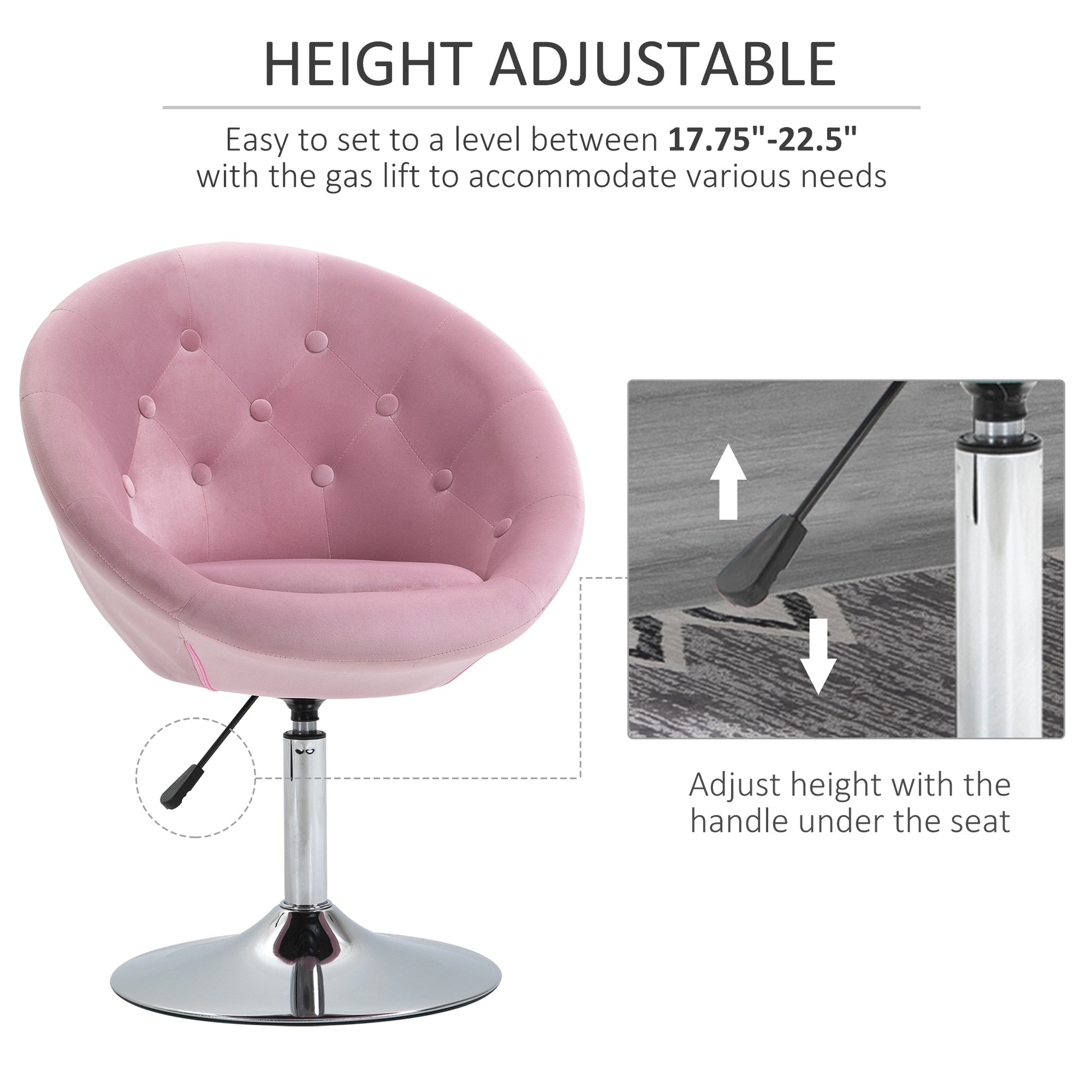Homcom Modern Makeup Vanity Chair Round Tufted Swivel Accent Chair With Chrome Frame Height Adjustable For Living Room, Bedroom Pink Pink Steel