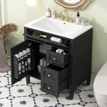 30'' Bathroom Vanity With Top Sink, Modern Bathroom Storage Cabinet With 2 Drawers And A Tip Out Drawer, Single Sink Bathroom Vanity Black Bathroom Solid Wood Mdf