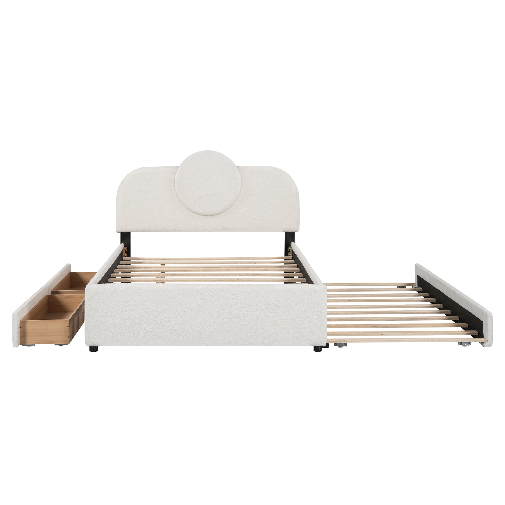 Full Size Upholstered Platform Bed With Multi Functional Headboard, Trundle And 2 Drawers, White Box Spring Not Required Full White Wood Bedroom Upholstered