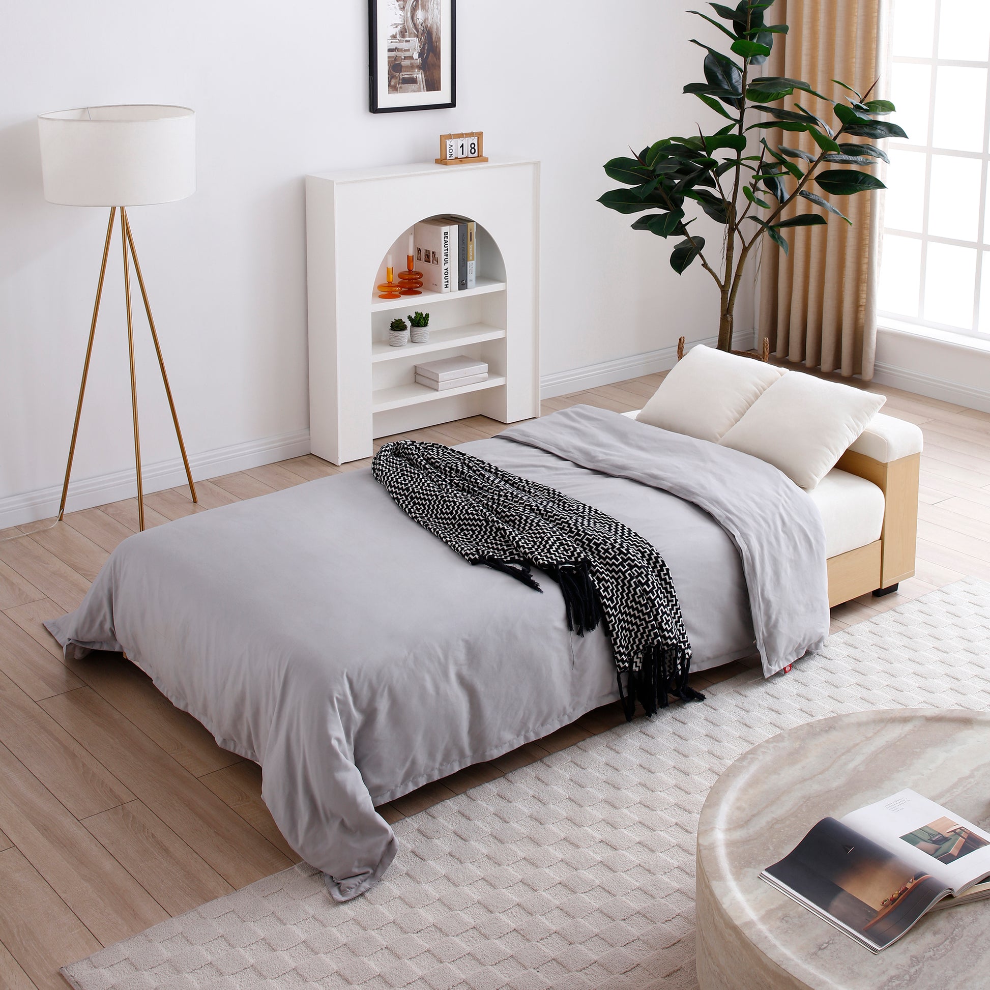 Convertible Sleeper Sofa Couch,Multifunctional Double Folding Sofa Bed,Storage Ottoman And Sofa Arm With Box And Drawer, Drop Down Table With 2Cup Holders For Living Room,Apartment,Office,Beige Beige Linen Wood Primary Living Space Modern Foam Cotton