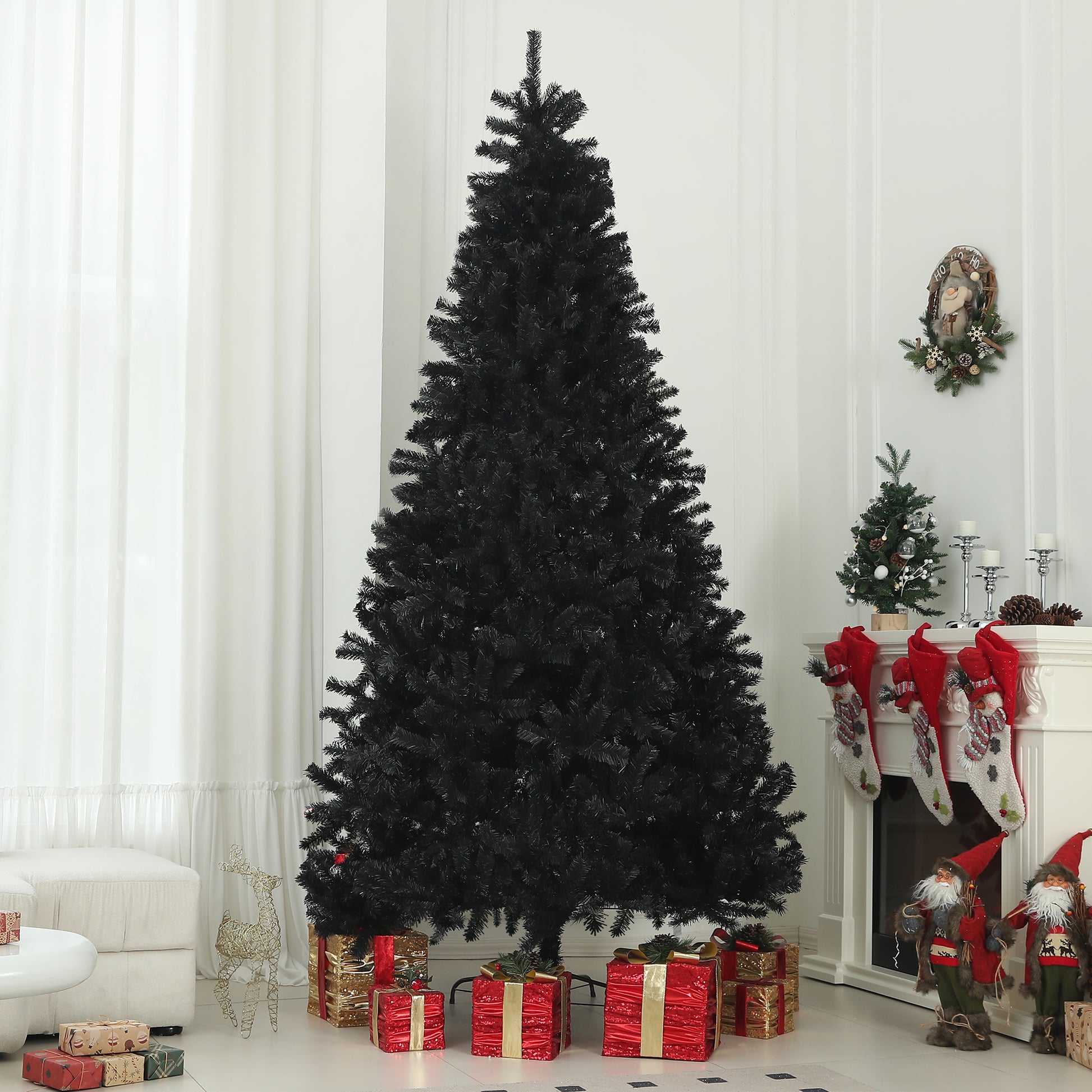 Homcom 9Ft Tall Artificial Christmas Tree, Unlit Xmas Tree With 2132 Branch Tips, Auto Open, Steel Base, Holiday D Cor For Home Office, Black Black Steel