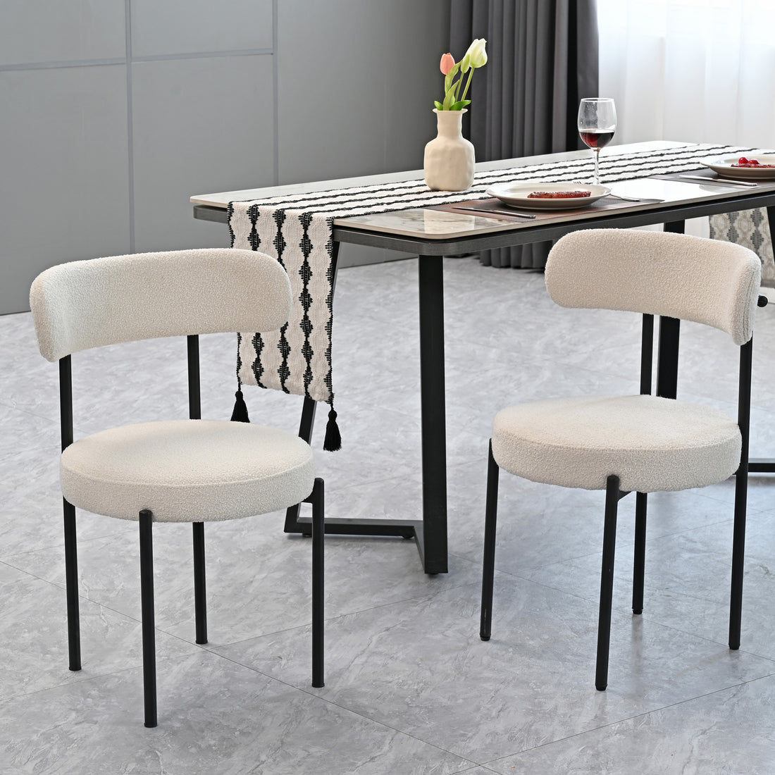 White Boucle Dining Chairs Set of 2,Mid Century Modern metal-white-dining room-round-modern-banquet