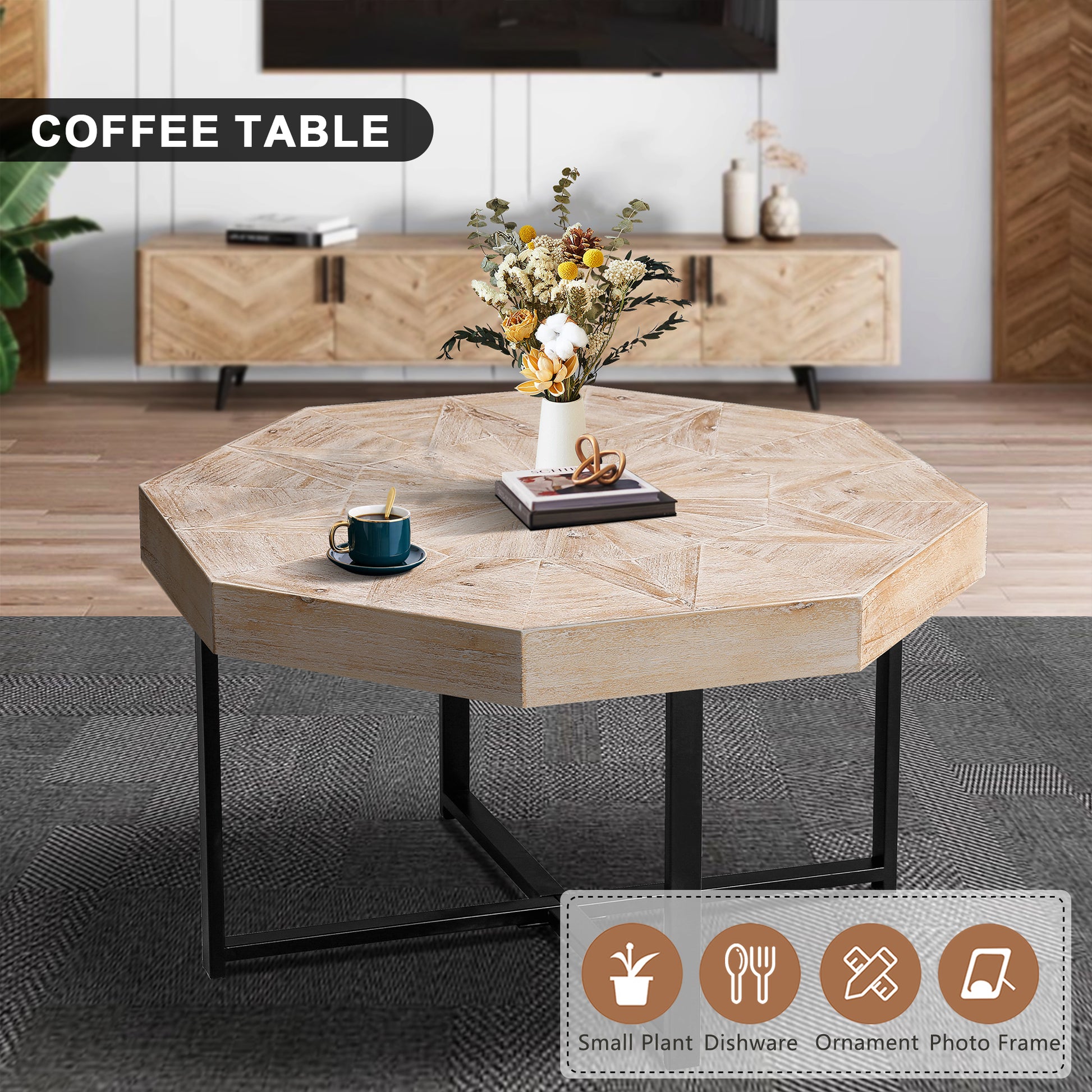 Wood Octagonal Vintage Patchwork Craft Farmhouse 30 Inch Wooden Table Top Cross Metal Legs Coffee Table For Living Room Antique Wood Oak Natural Wood Antique White Primary Living Space Antique Floor Mount Open Storage Coffee & End Tables Mdf Mdf