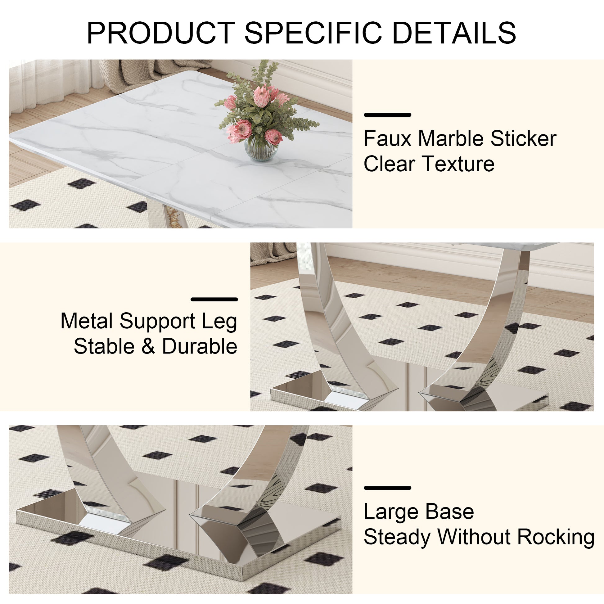 Table And Chair Set. Large Modern Rectangular Table With White Textured Top And Silver Metal Legs. Soft And Comfortable Pu Seats, Faux Leather Upholstered Seats And Sturdy Metal Legs. White Mdf Metal
