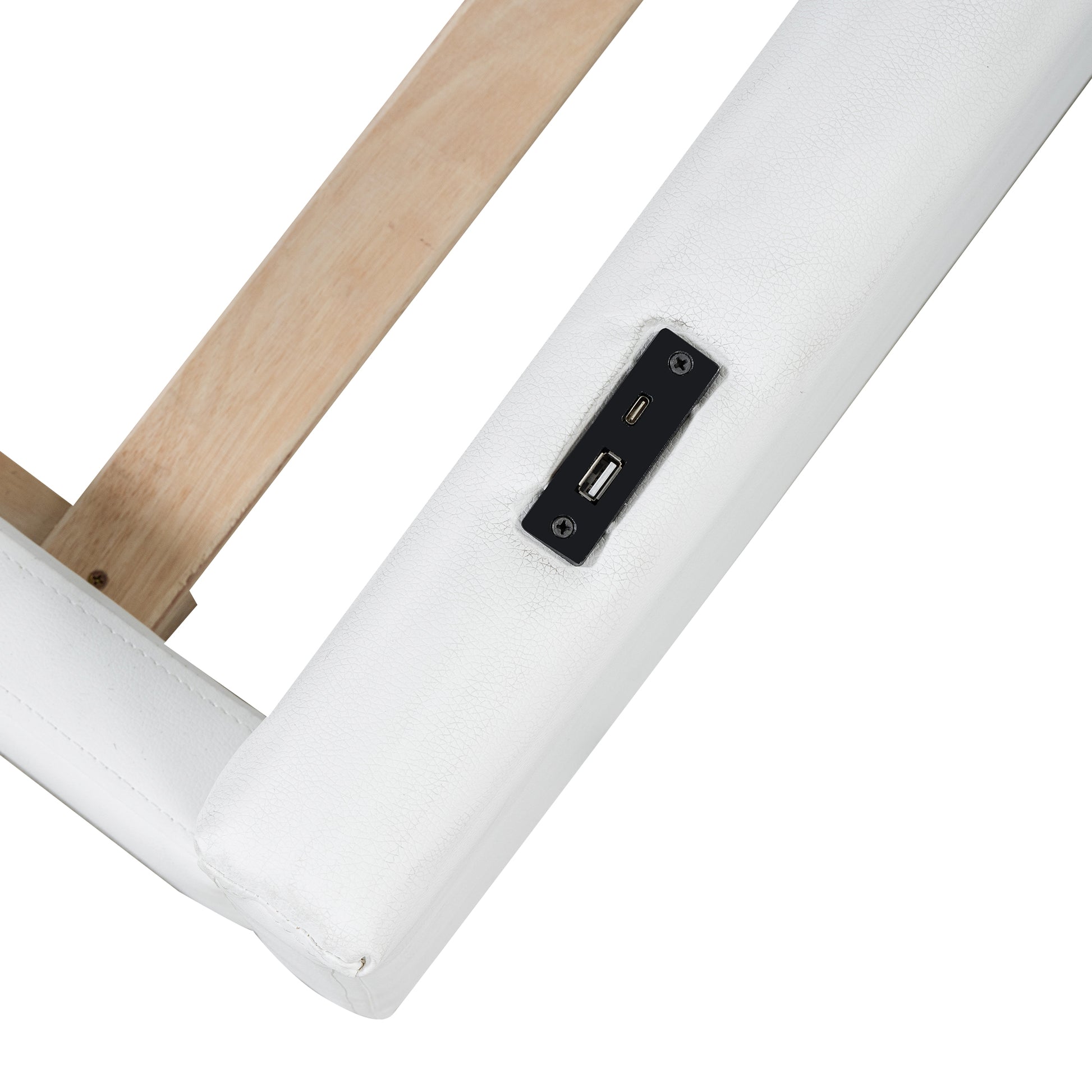 Twin Size Upholstered Platform Bed With Guardrail And Charging Station, White Box Spring Not Required Twin White Upholstered