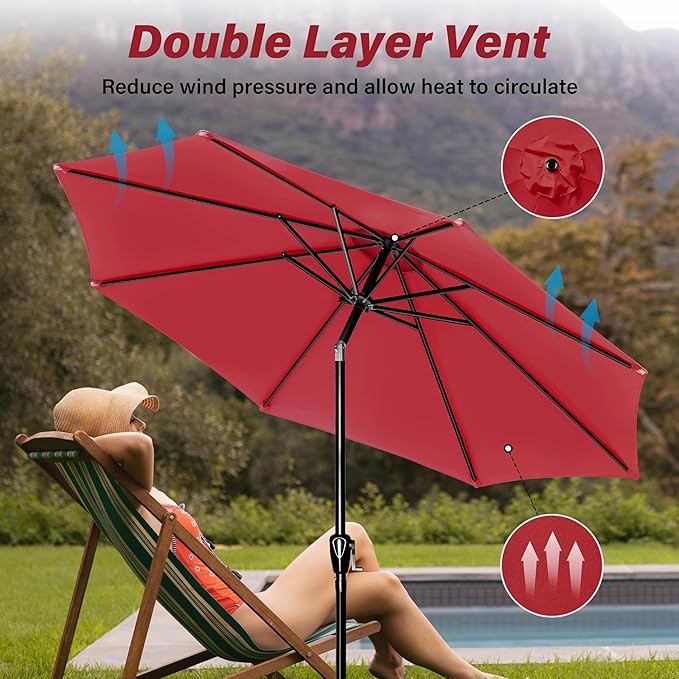 10Ft Outdoor Market Patio Umbrella With 8 Sturdy Ribs, Tilt Crank Push Button For Garden, Deck, Backyard And Pool Red Stainless Steel