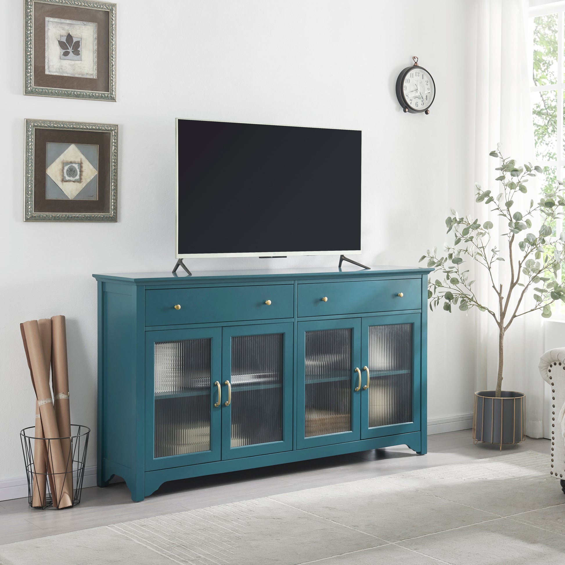 65" Tv Console, Storage Buffet Cabinet, Sideboard With Glass Door And Adjustable Shelves, Console Table, Teal Blue Teal Blue Primary Living Space Modern Mdf Glass