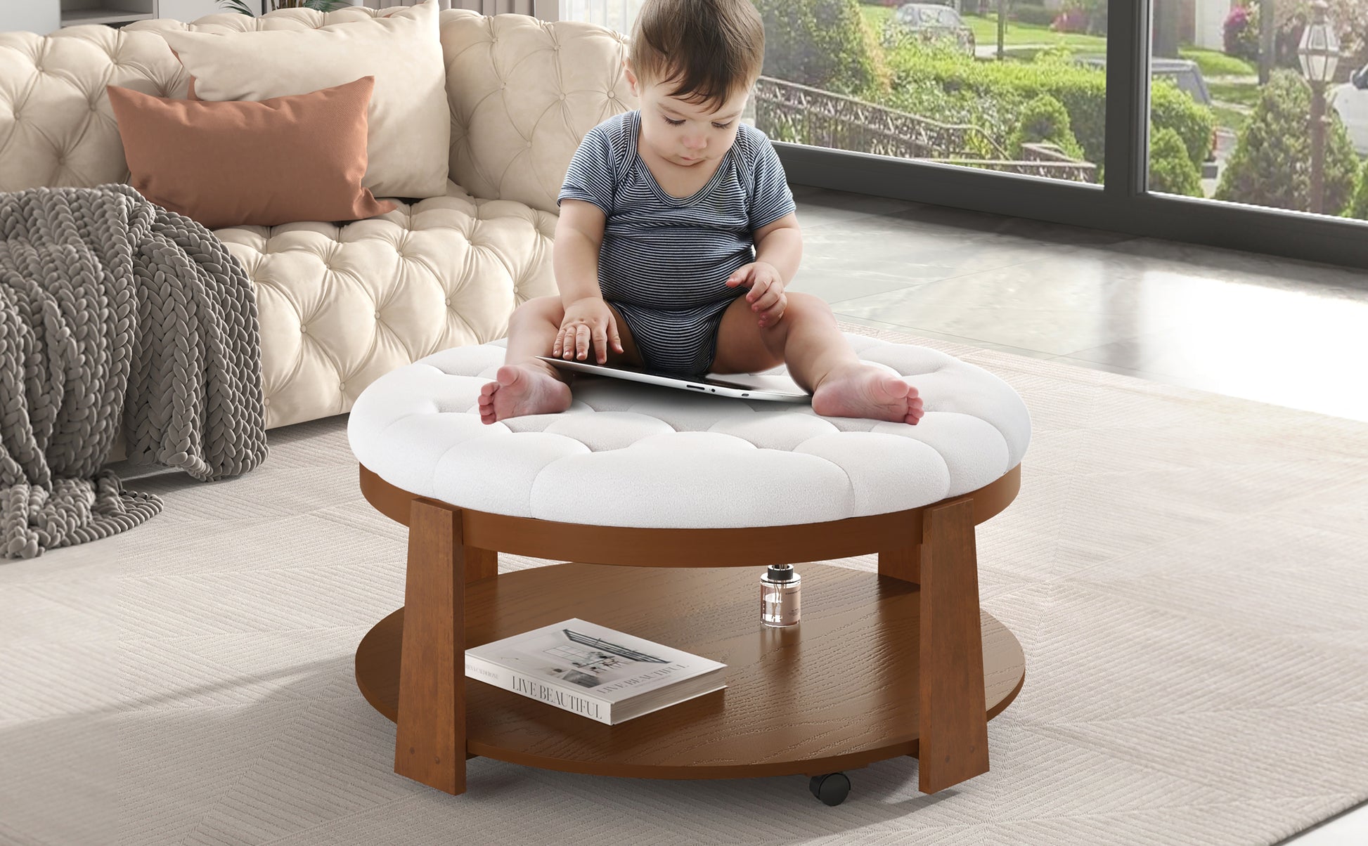 Modern Large Round Ottoman Coffee Table 2 Tier Oversized Button Tufted Ottoman With Wood Shelf Storage Upholstered Coffee Table For Living Room Footrest Ottoman With Wheel, Waterproof Linen Ivory White Rubber Wood