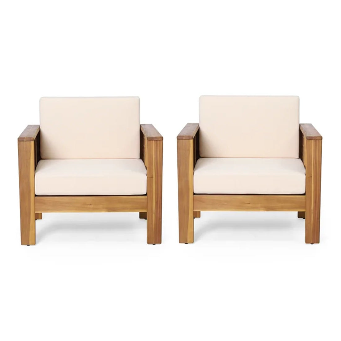 Set Of 2 Outdoor Acacia Wood Club Chairs With Cushions, Teak Beige, 27.75"D X 32"W X 27.75"H Yes Brown Beige Foam Acacia Wood