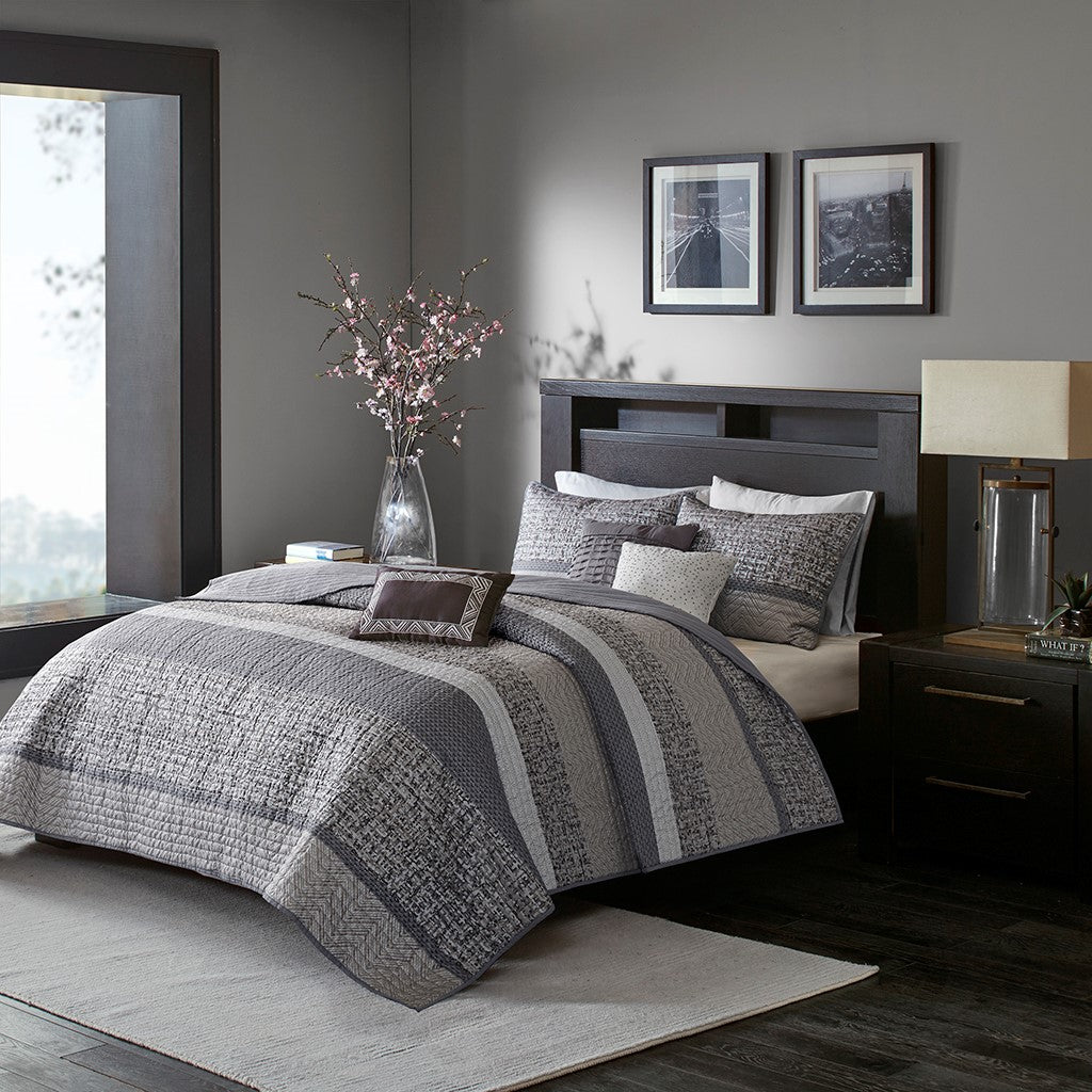6 Piece Reversible Jacquard Quilt Set With Throw Pillows Grey Taupe Full Queen Grey Taupe Cotton