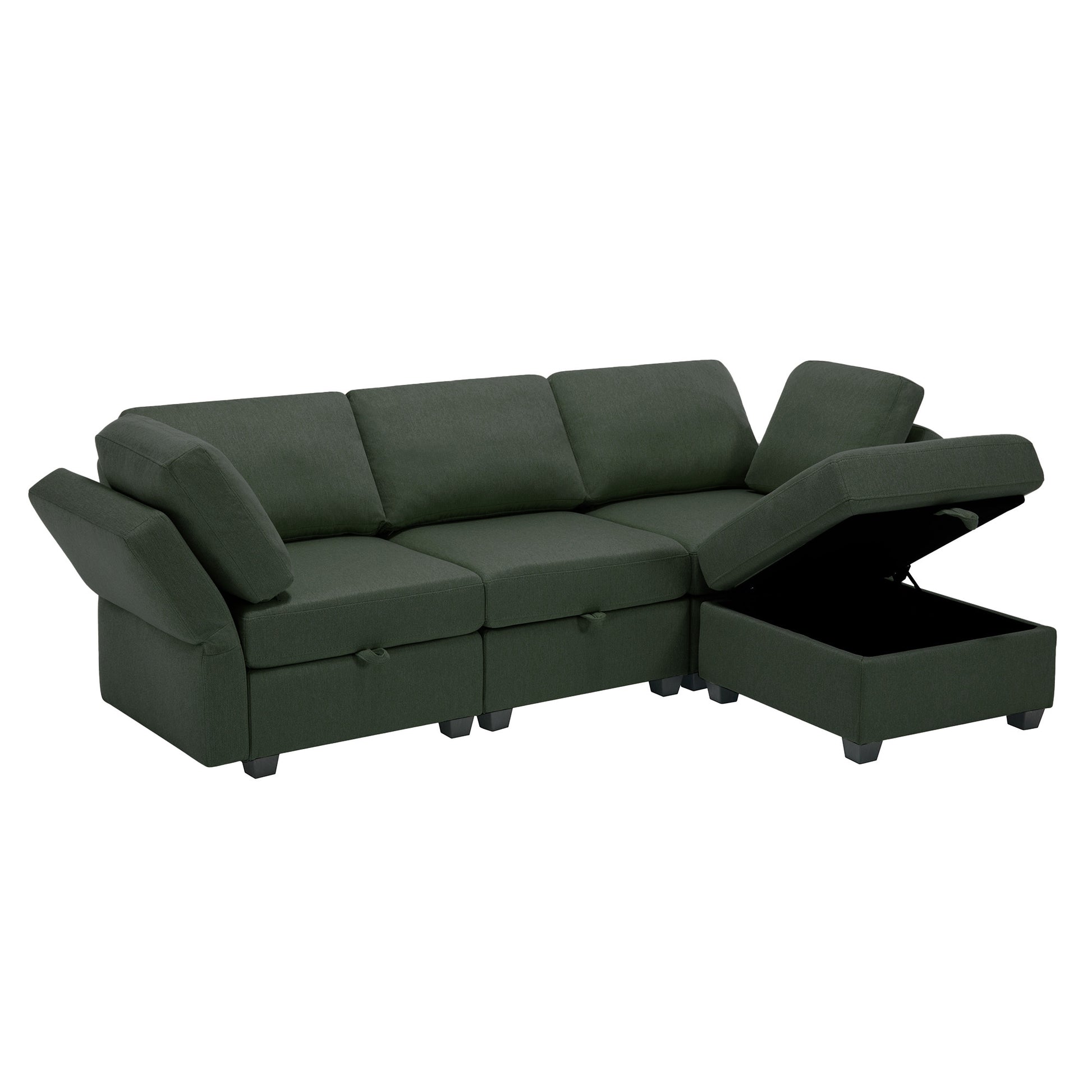 Convertible Sectional Sofa With Chaise, L Shaped Sofa Couch Modular Sectional Sofa With Storage Seats, Adjustable Arms And Backs Green Green Polyester 3 Seat