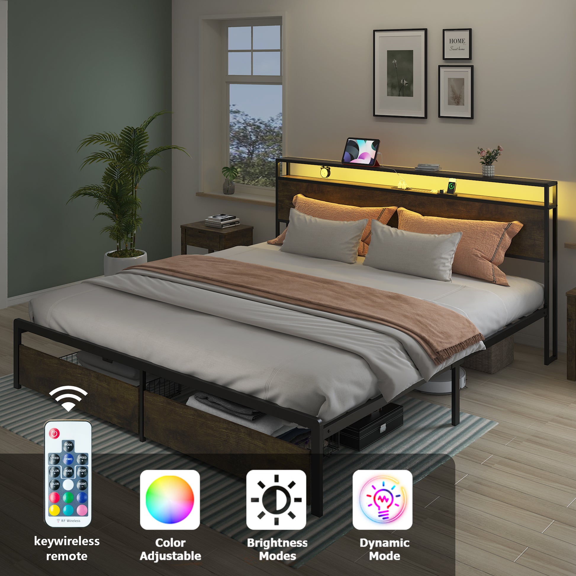 King Bed Frame With Led Lights And Charging Station Robust Metal Wood Construction, Rustic Wood Platform Bed Frame With 2 Drawers, No Box Spring Needed, Noise Free, Vintage Brown, Easy Assemble Box Spring Not Required King Black Brown Metal Brown Bedroom