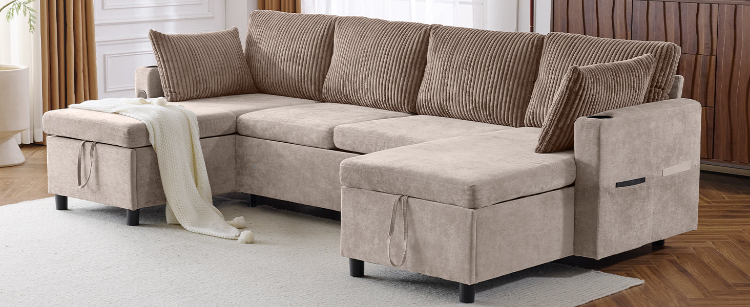 111.8" Sectional Sofa Pull Out Sofa Bed Versatile Sofa Sleeper With Large Storage Space, Two Usb Ports And Two Cup Holders For Living Room, Brown Brown Foam Chenille 4 Seat