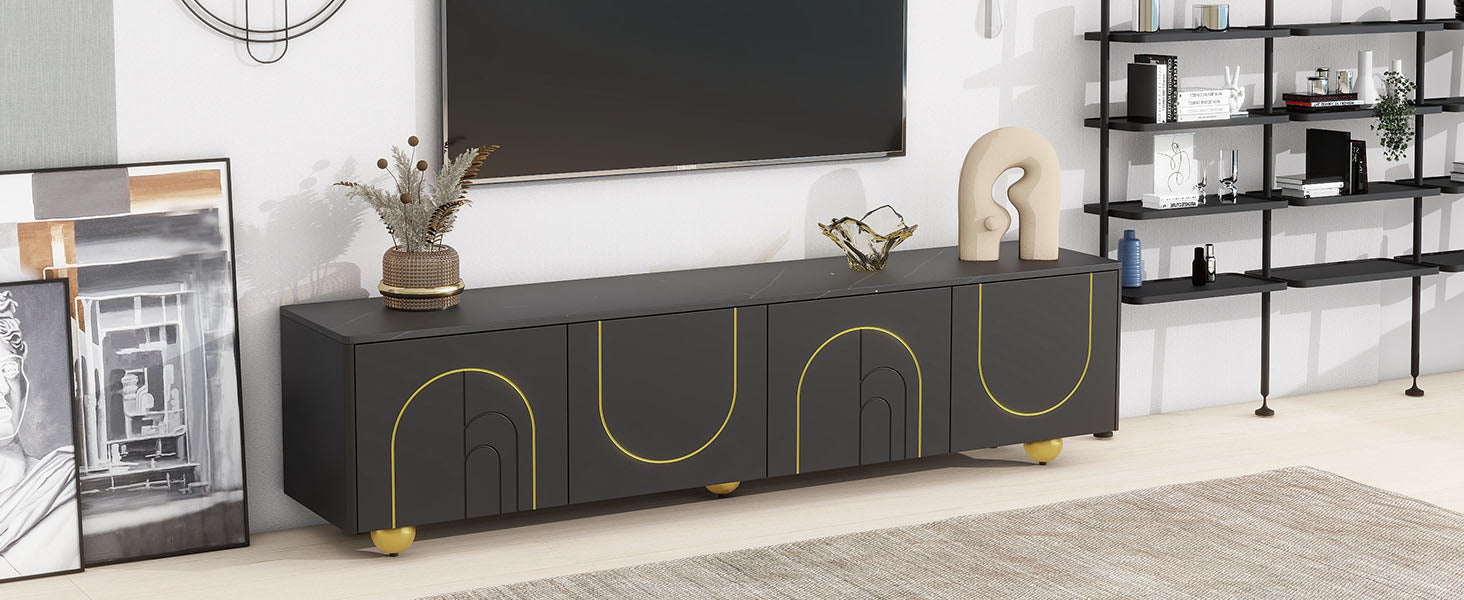 Modern Tv Stand For Tvs Up To 75 Inches, Entertainment Center With Storage Cabinets And 1 Adjustable Shelf, Media Console With Marble Patterned Top And Golden Round Metal Legs For Living Room Black 70 79 Inches Mdf