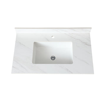 37 Inch Marble Vanity Top, White Vanity Top With Pre Drilled Faucet Holes, Bathroom Vanity Top With Undermount Rectangular Middle Sink And 4" Height Backsplash, Bianco Carrara Venato White Bathroom Sintered Stone