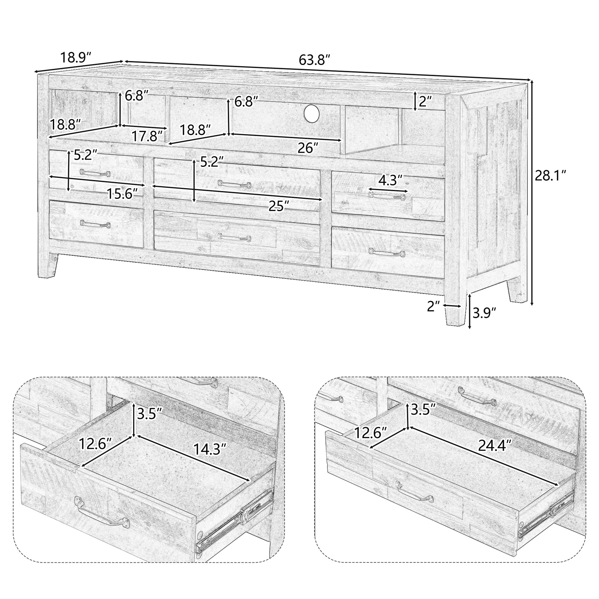 Retro Distressed Wooden Tv Stand For Tvs Up To 65 Inches, Entertainment Center Media Console With 6 Drawers And 3 Shelves For Living Room, Brown Brown 60 69 Inches Solid Wood Mdf