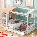 Twin Size House Bed With Two Drawers And Wardrobe,White Twin White Solid Wood