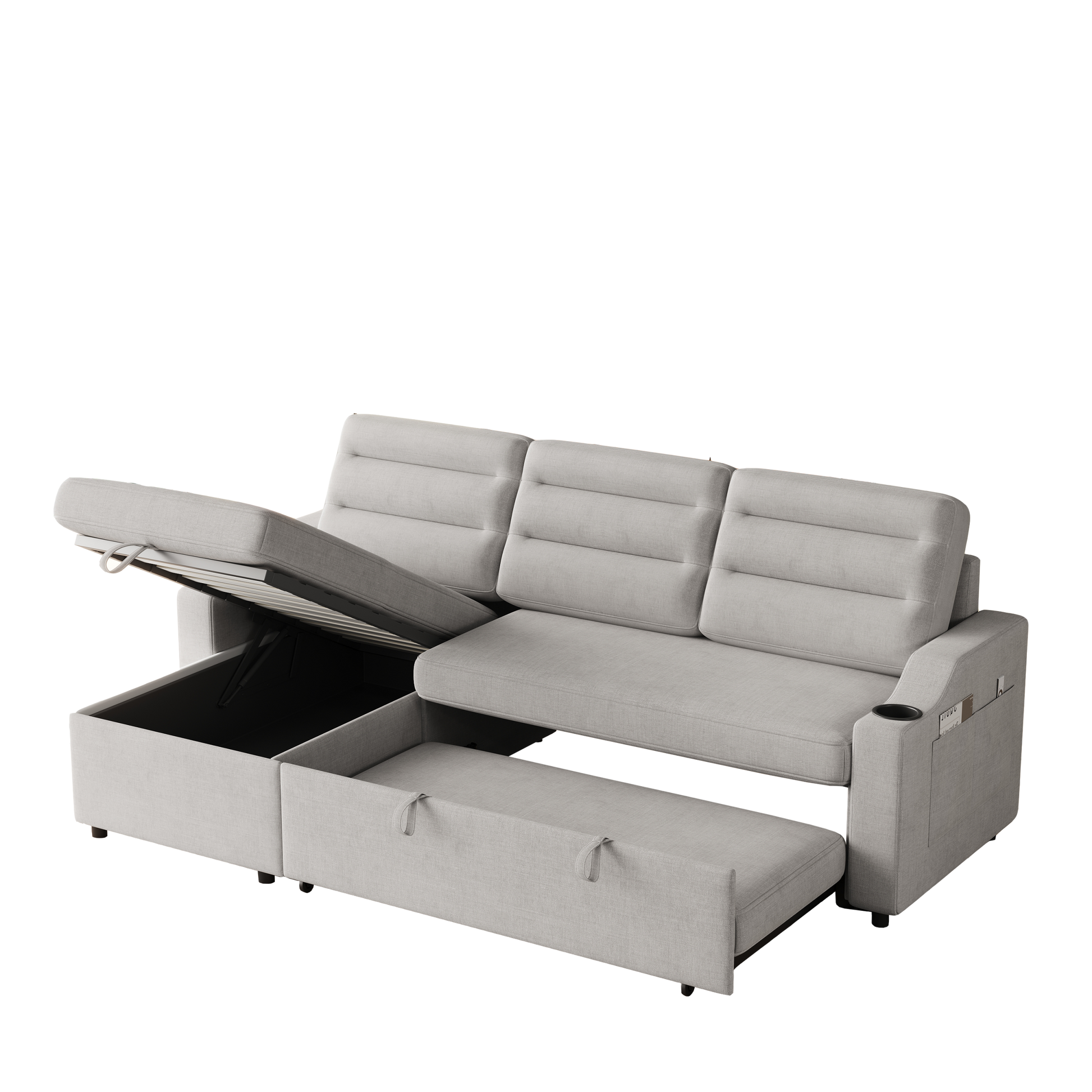 Mh83.5" Convertible Sleeper Combo Sofa, Convertible Sofa Bed Polyester Pullout Bed With Storage Recliner And Cup Holder For Living Room, Tight Spaces Light Grey Polyester Primary Living Space Pine Foam Fabric 3 Seat