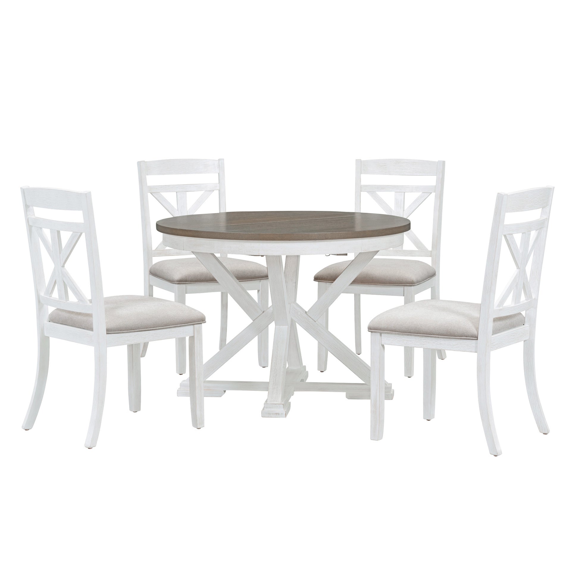 5 Piece Retro Functional Dining Table Set Extendable Round Table And 4 Upholstered Chairs For Dining Room And Living Room Brown Antique White Brown Antique White Solid Wood