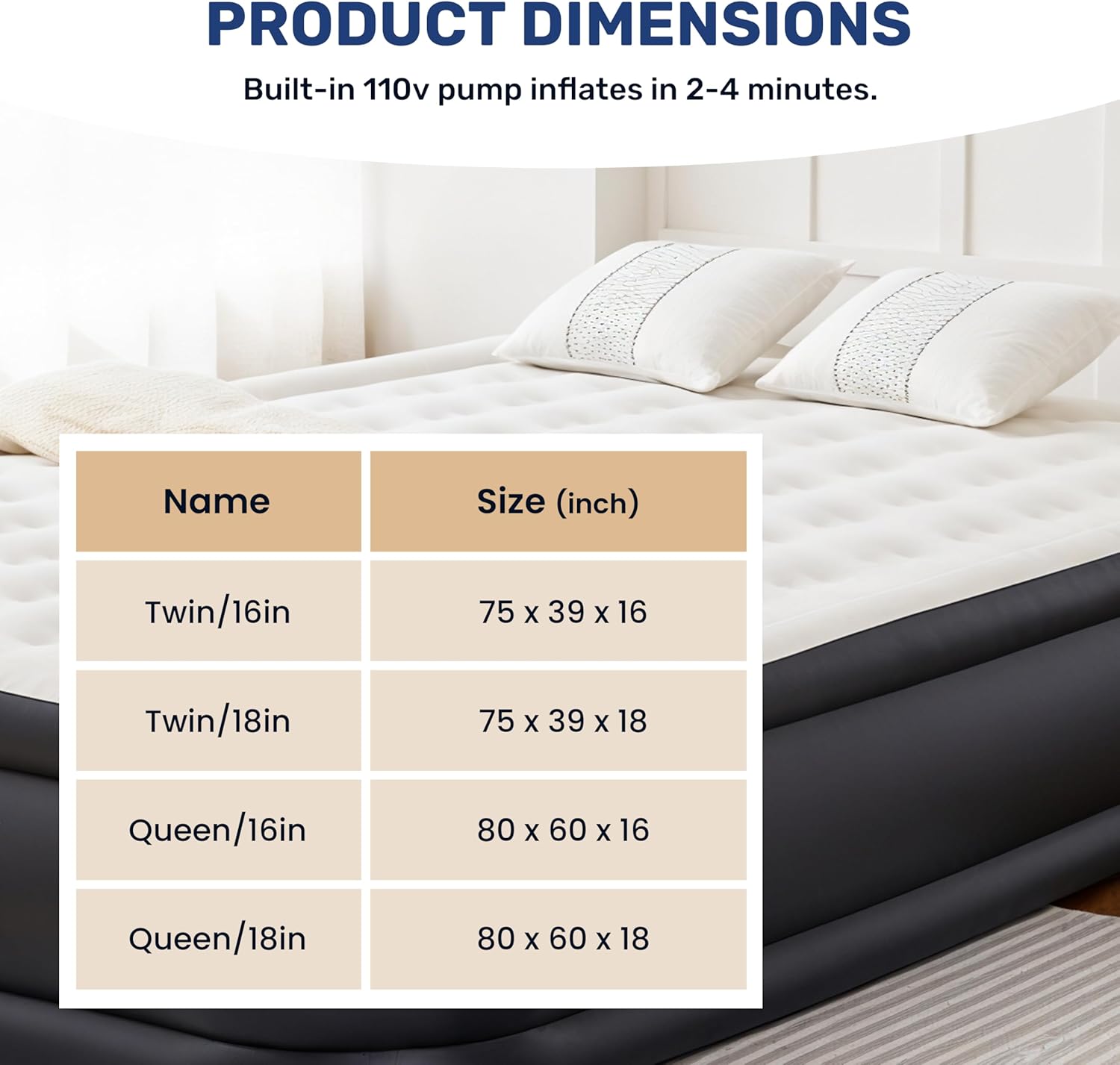 Queen Camping Air Mattress With Built In Electric High Speed Pump, 18" Bed Height, Blow Up Aerobed Inflatable Airbed With Carrying Bag For Home Guests & Travel, Waterproof Foldable Portable Black