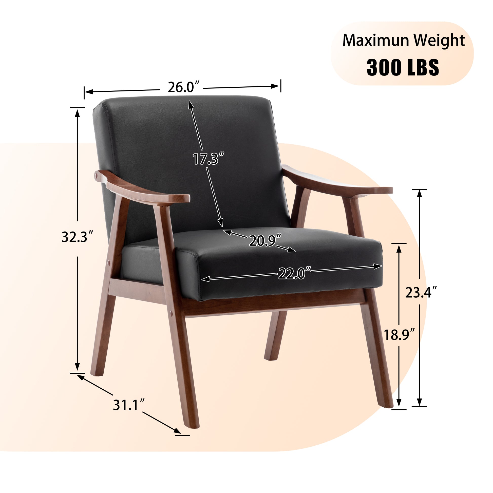Mid Century Modern Chair, Living Room Chair With Solid Wood Frame, Accent Chair Extra Thick Backrest, Wingback Chair For Bedroom, Reading Room, Living Room, Lounge Chair Indoor Black Pu Primary Living Space Mid Century Modern Foam Pu Leather
