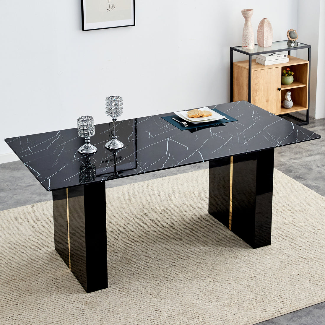 Large Modern Rectangular Table With 0.39 "Black Patterned Top And Large Mdf Legs, Suitable For Kitchen, Dining And Living Room 71" * 35.4 "* 30" 1546 Black Mdf Glass