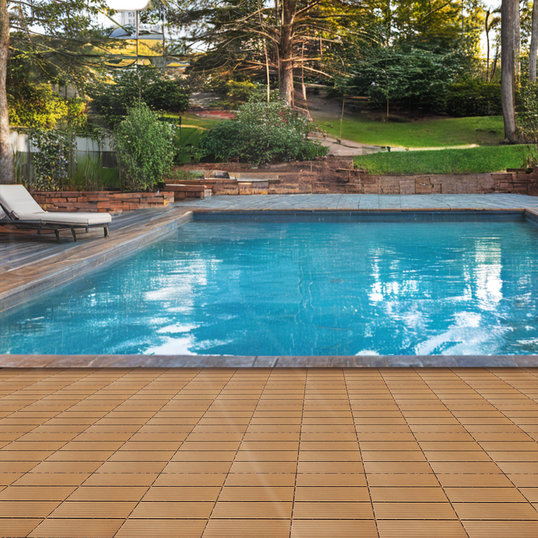 Plastic Composite Deck Tiles Set Of 35Pcs, Composite Decking Resist Rust, Water, Weather, Indoor&Outdoor, Easy To Diy & Maintain, Ideal For Patios, Balconies, Rooftops, Decks, 12X12" Wood Color Wood Modern Plastic Plastic