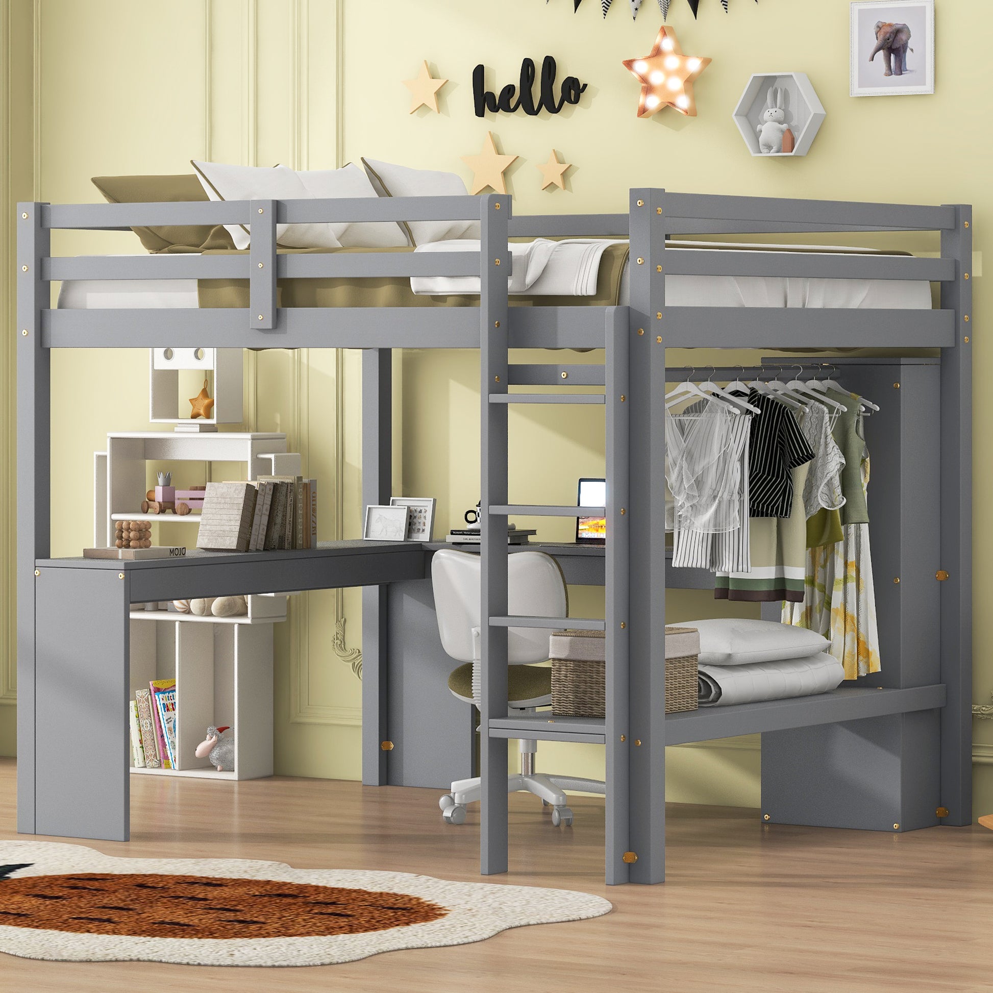 Full Size Loft Bed With L Shaped Desk, Wardrobe And Storage Shelves, Grey Expected Arrival Time: 8.31 Box Spring Not Required Full Grey Wood Bedroom Solid Wood Mdf
