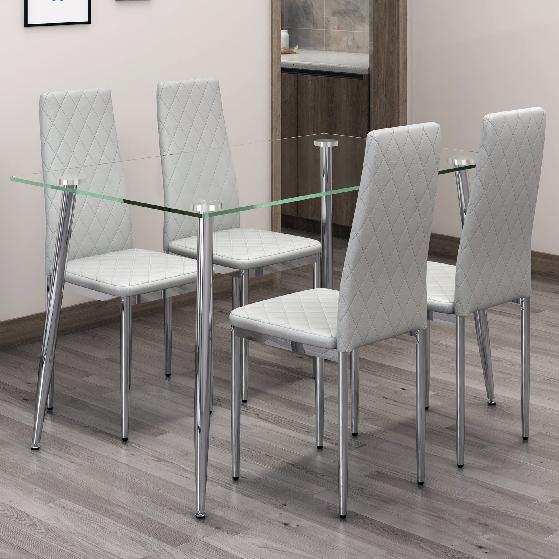 Table And Chair Set.Rectangular Dining Table With Tempered Glass Tabletop And Silver Plating Metal Legs.Paired With 4 Checkered Armless High Backlight Gray Chairs With Electroplated Metal Legs. Transparent Seats 4 Glass Metal