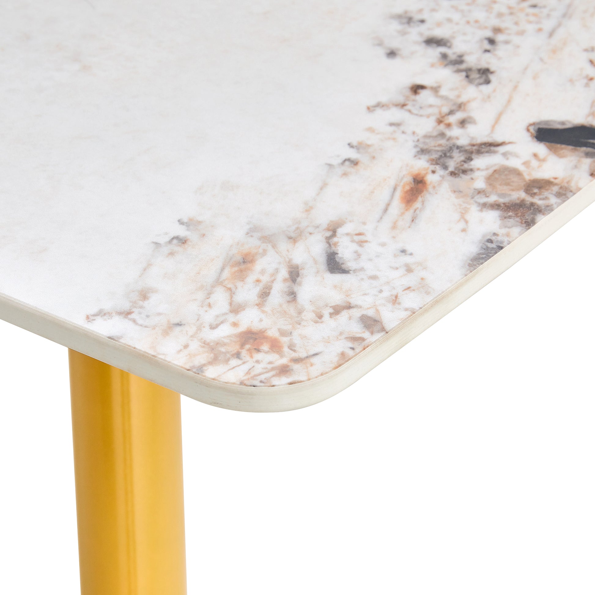 Modern Minimalist Dining Table. White Imitation Marble Pattern Sintered Stone Desktop With Golden Metal Legs.62.2"*34.6"*30" F 001 Gold Sintered Stone