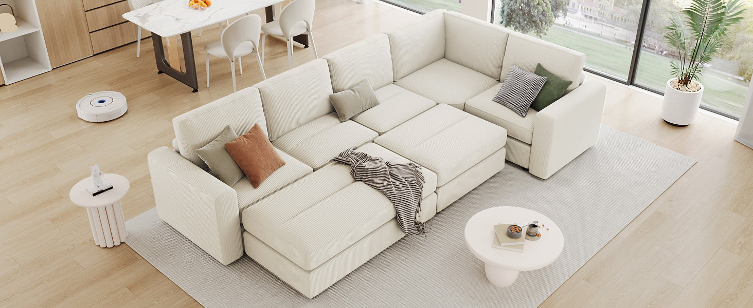 121.3" Sectional Couch Sofa Bed Modular Sofa With Two Movable Ottomans For Living Room Old Sku:N719S001640A , Beige Beige Foam Corduroy 7 Seat