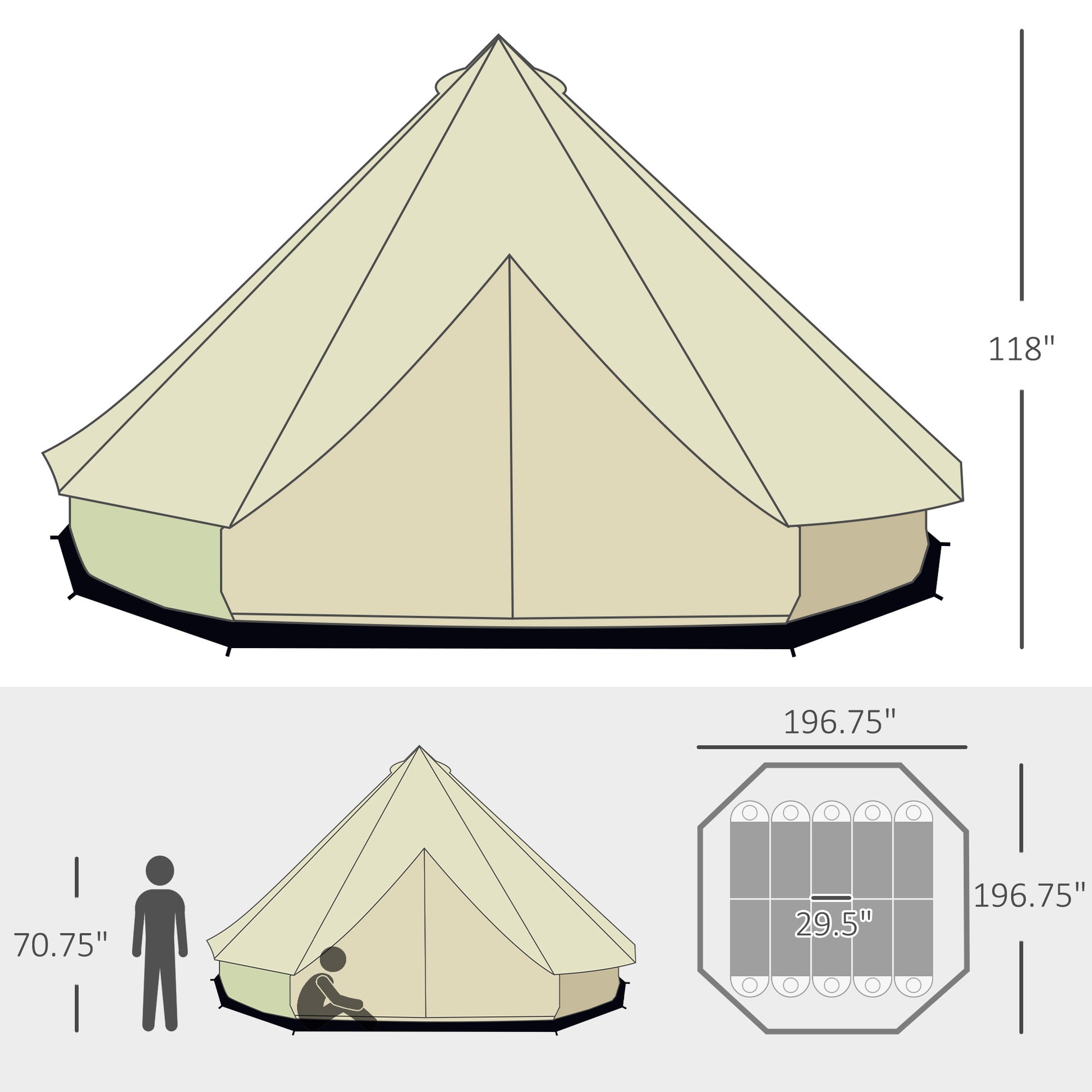Outsunny 10 Person Yurt Tent Glamping Bell Tent With Spacious Interior,Waterproof Design, For Family Outdoor Camping, 16' X 16' X 10' Beige Polyester