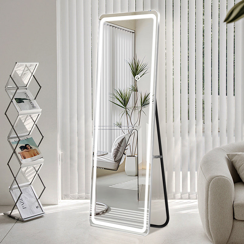 Floor Mirror With Led Light, 63" X 20" Full Length Mirror With Stand, Hanging Mirror Wall Mounted Mirror With Dimming & 3 Color Lighting, Full Body Mirror For Living Room Bedroom Cloakroom, White White Glass Metal