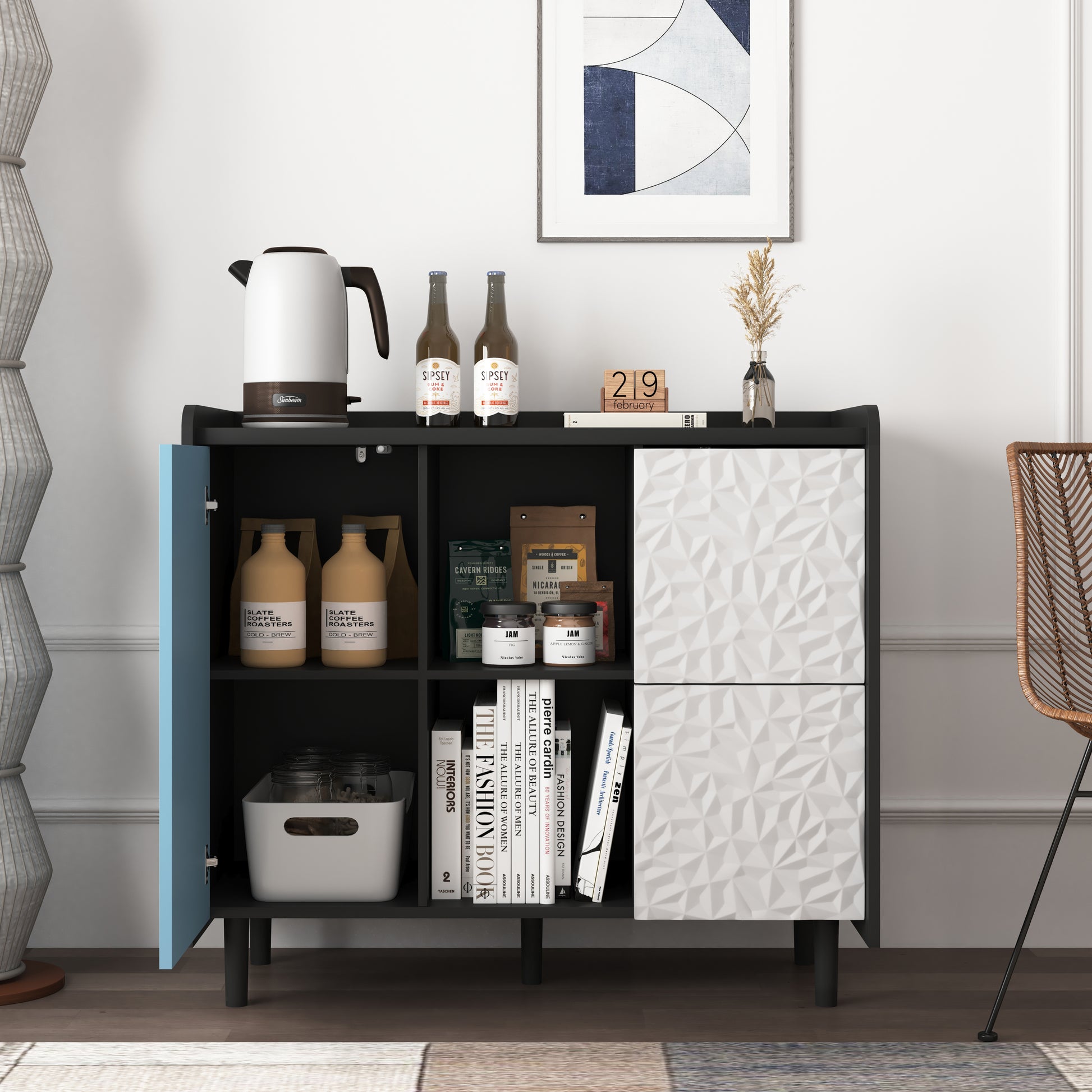 Sideboard Buffet Cabinet, Black Storage Cabinet With Red Doors2 Drawers With Unique Panel Styling And 2 Open Storage Compartment, Modern Coffee Bar Cabinet Accent Cabinet For Kitchen, Dining Room Black Blue Mdf