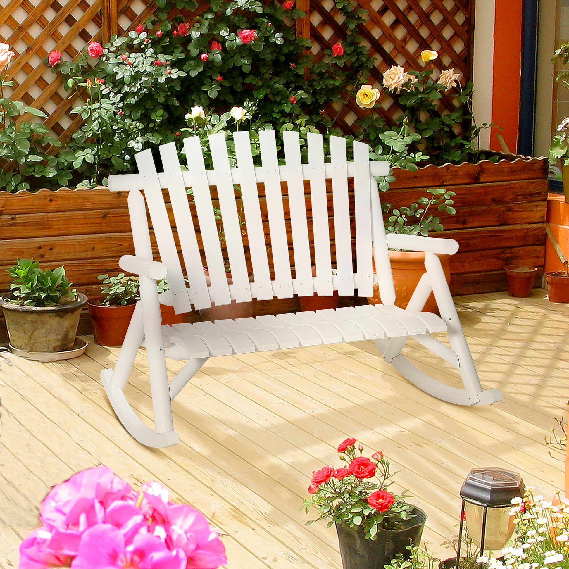 Outsunny Outdoor Wooden Rocking Chair, Double Person Rustic Adirondack
