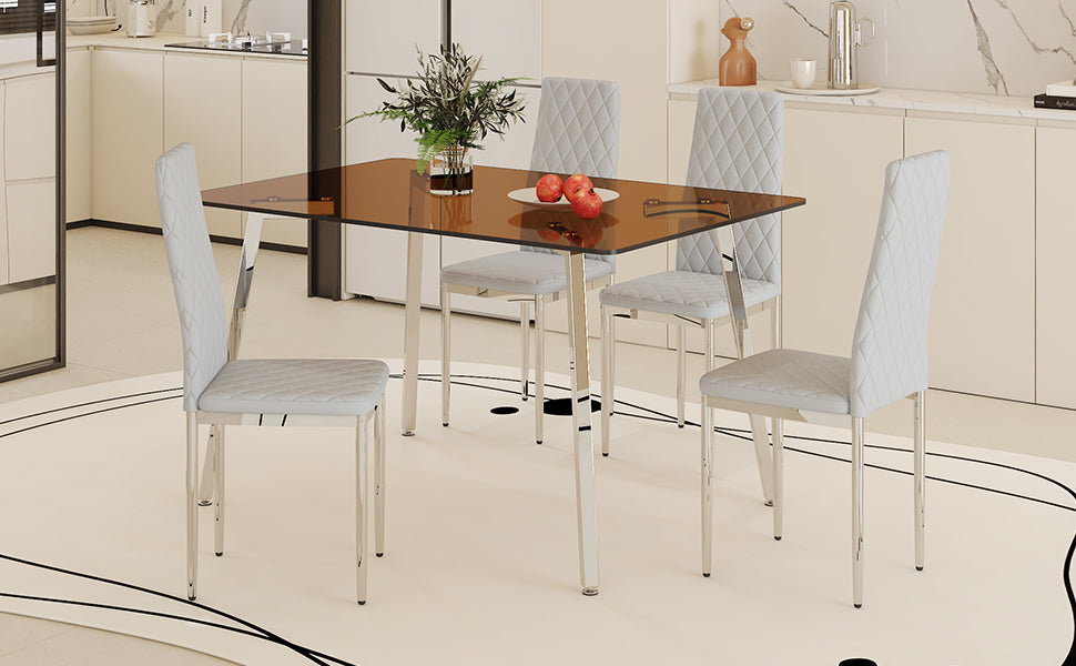 Table And Chair Set.Large Modern Rectangular Table With Brown Glass Top And Silver Metal Legs. Paired With 4 Light Gray Chairs With Checkered Armless High Back Pu Cushion And Silver Metal Legs. Light Gray,Silver Seats 4 Glass Metal